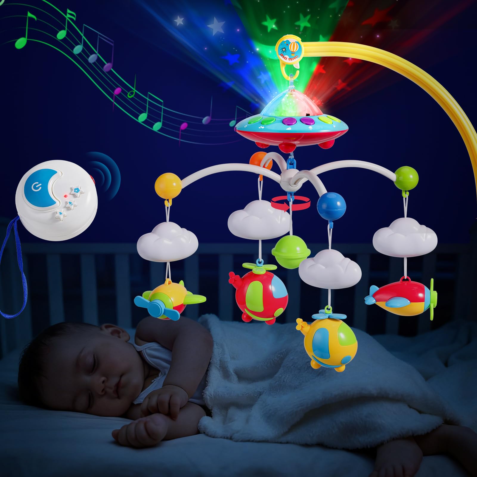 Mini Tudou Musical Baby Crib Mobile Toy with Lights and Music, Star Projector Function and Cartoon Rattles, Remote Control Musical Box with 108