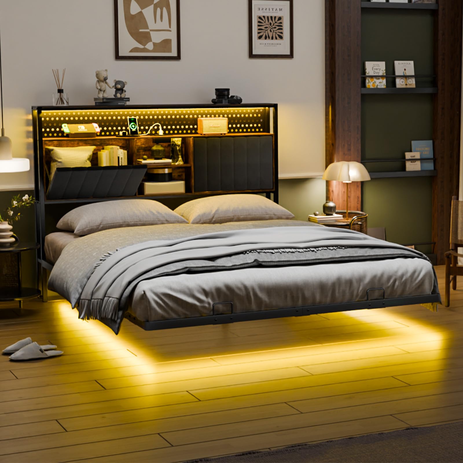 Bonnlo 5ft King Size Bed Frame with Upholstered Storage Headboard/Charging Station/LED Light, Floating Kingsize Bed Frame - Under Bed Storage/Mattress Foundation/Duty Metal Slats/No Box Spring Needed