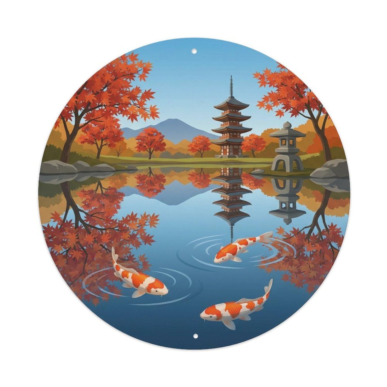 Reflection Koi Garden Pond Japanese Vintage Metal Tin Sign Plaque Wall Decor for Cafe, Man Cave, Club Bar, Office, Home Garden Round Metal Poster 8x8Inch