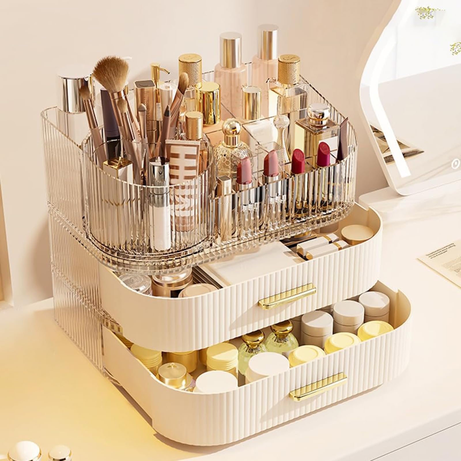 Make up Organizer aus Kunststoff mit um 360 Grad drehbarer Schubladenaufbewahrung, wasserdichtes Design für die Verwendung Badezimmer, ohne Bohren, benötigte Kosmetikbox