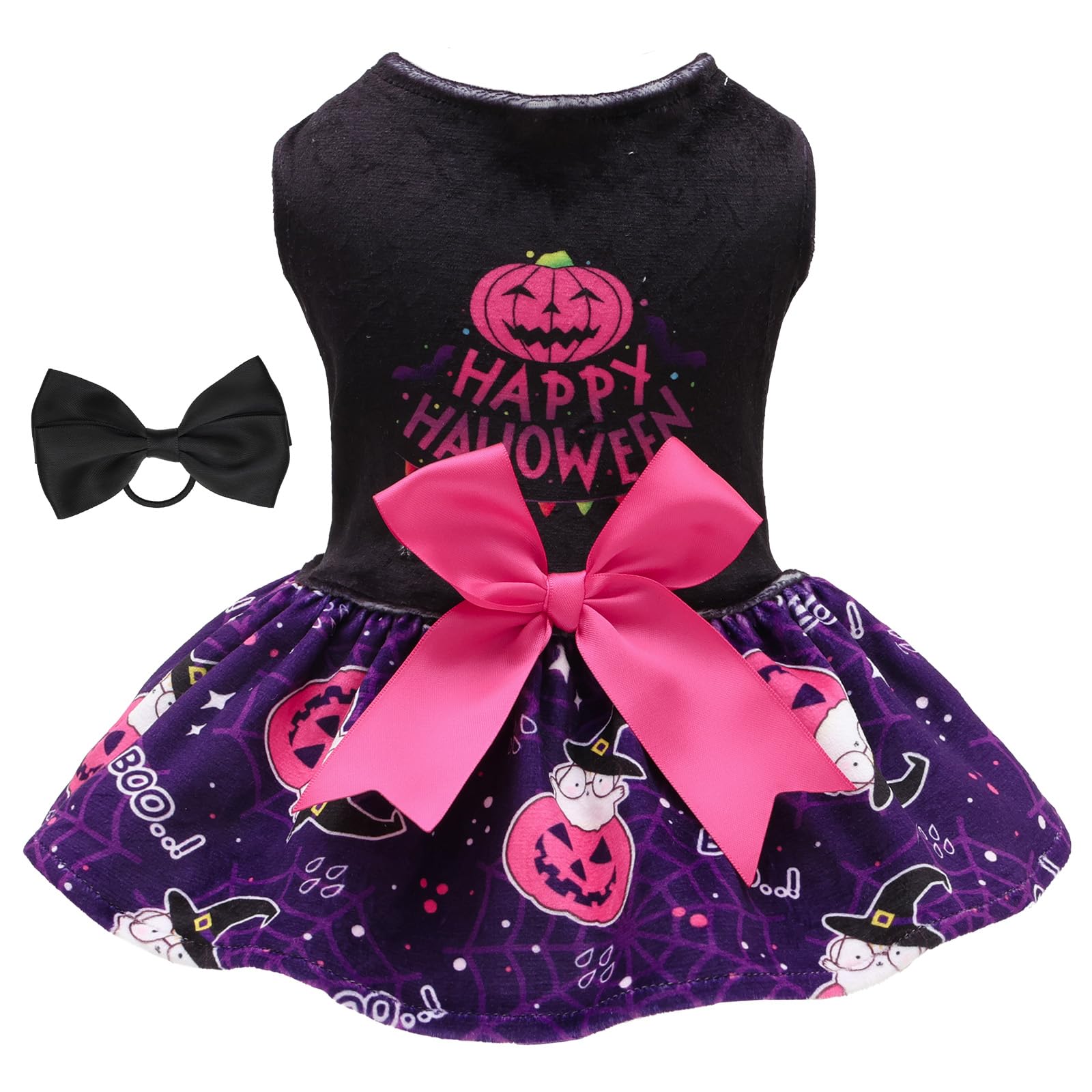 CuteBone Halloween Dog Dresses Velvet Holiday Small Dogs Clothes Onesie Pet Apparel Girl Puppy Skirt with Bow Hair Rope CVA60L-D