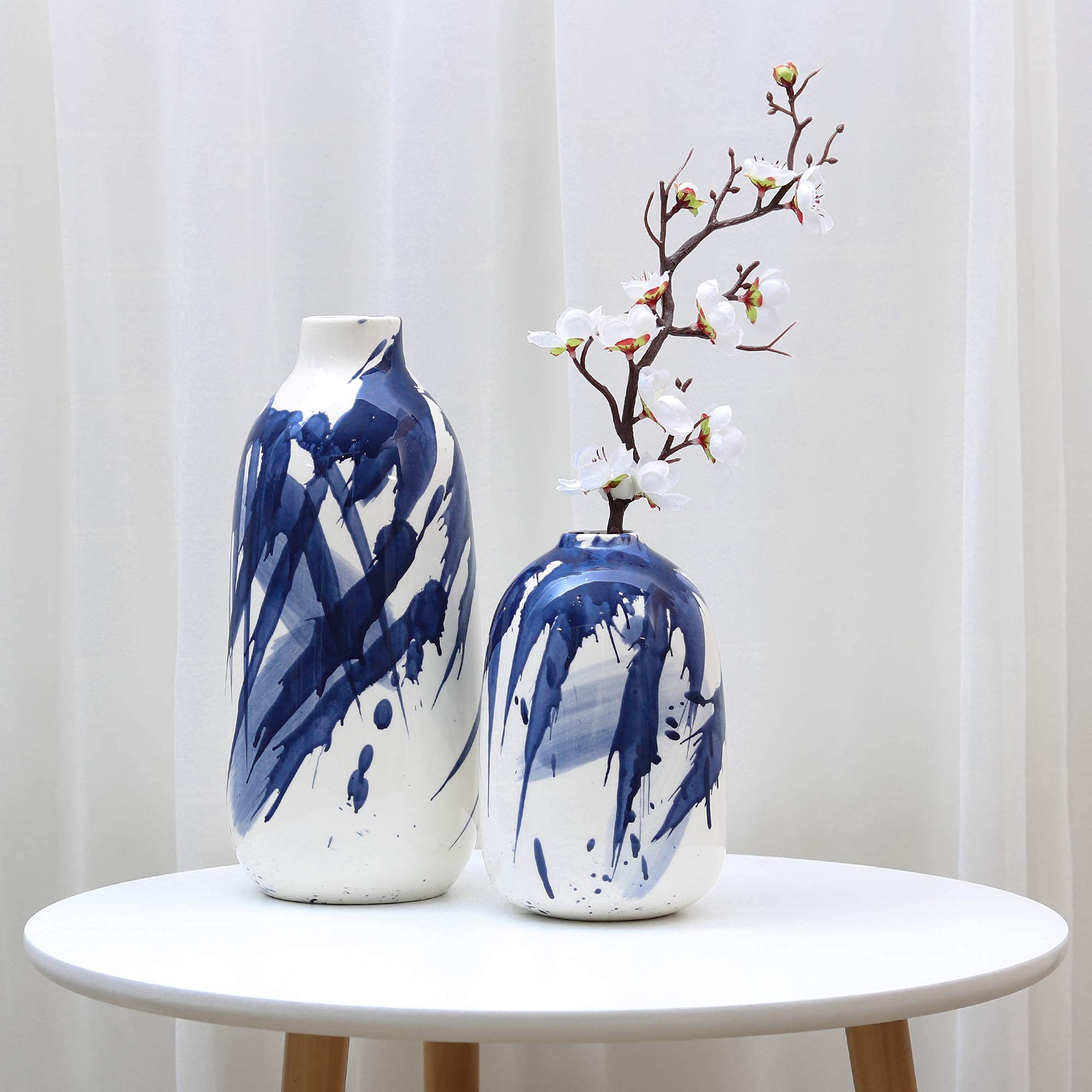 TERESA'S COLLECTIONS Modern Ceramic Vase for Home Decor, Oriental Blue and White Vases Set of 2, Glazed Decorative Vase for Mantel, Table, Bookshelf, Living Room Decoration, 7.2? & 11.4?