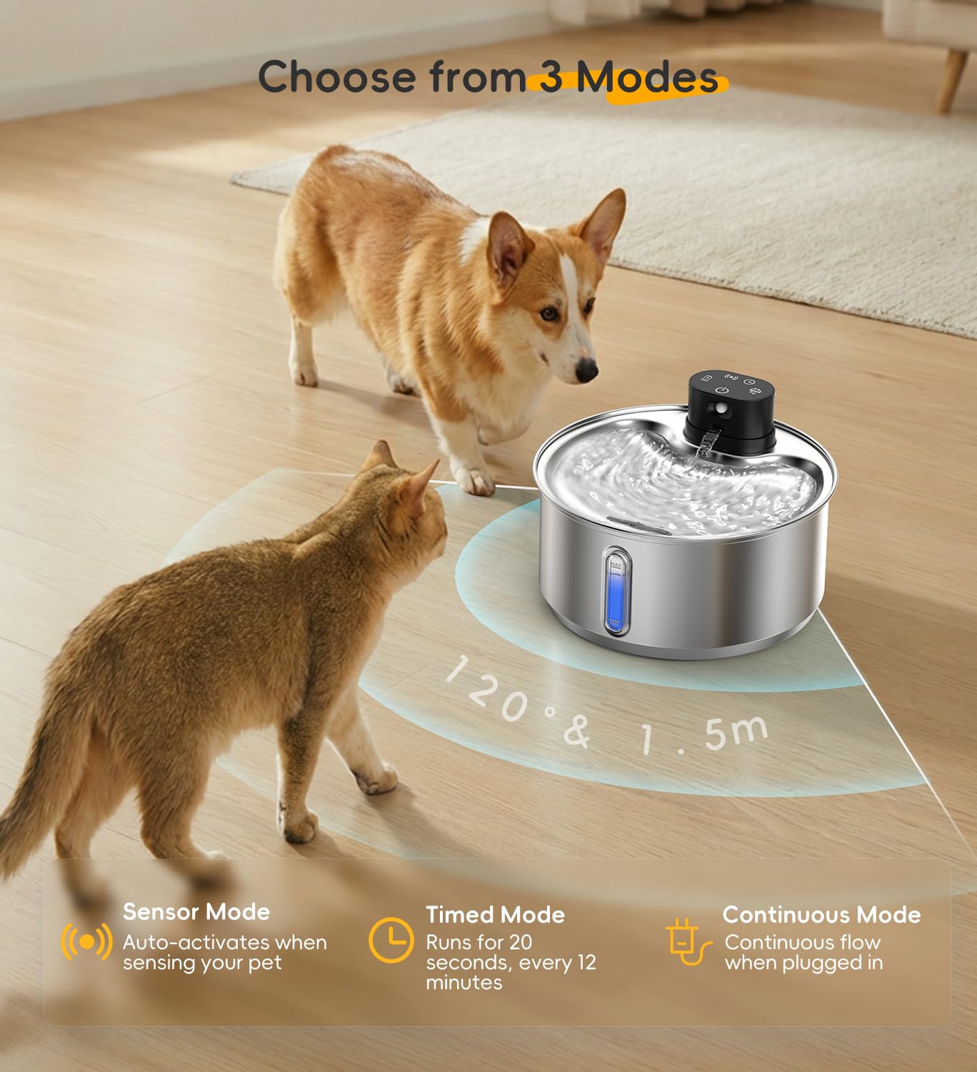 Fuente de agua para perros y gatos, 5,5 L, acero inoxidable, inalámbrica (6 filtros) | Batería de 5000 mAh con detector de movimiento, bomba de agua silenciosa, Scharzer