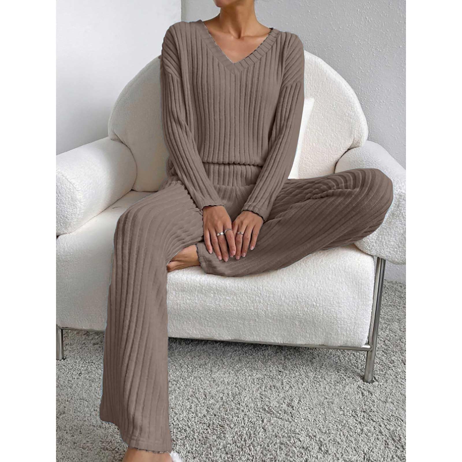 Set da 2 pezzi, da donna, invernale, lavorato a maglia, elegante | Tuta da casa con scollo a V, a maniche lunghe, a costine, morbida, per il tempo libero, biancheria da notte