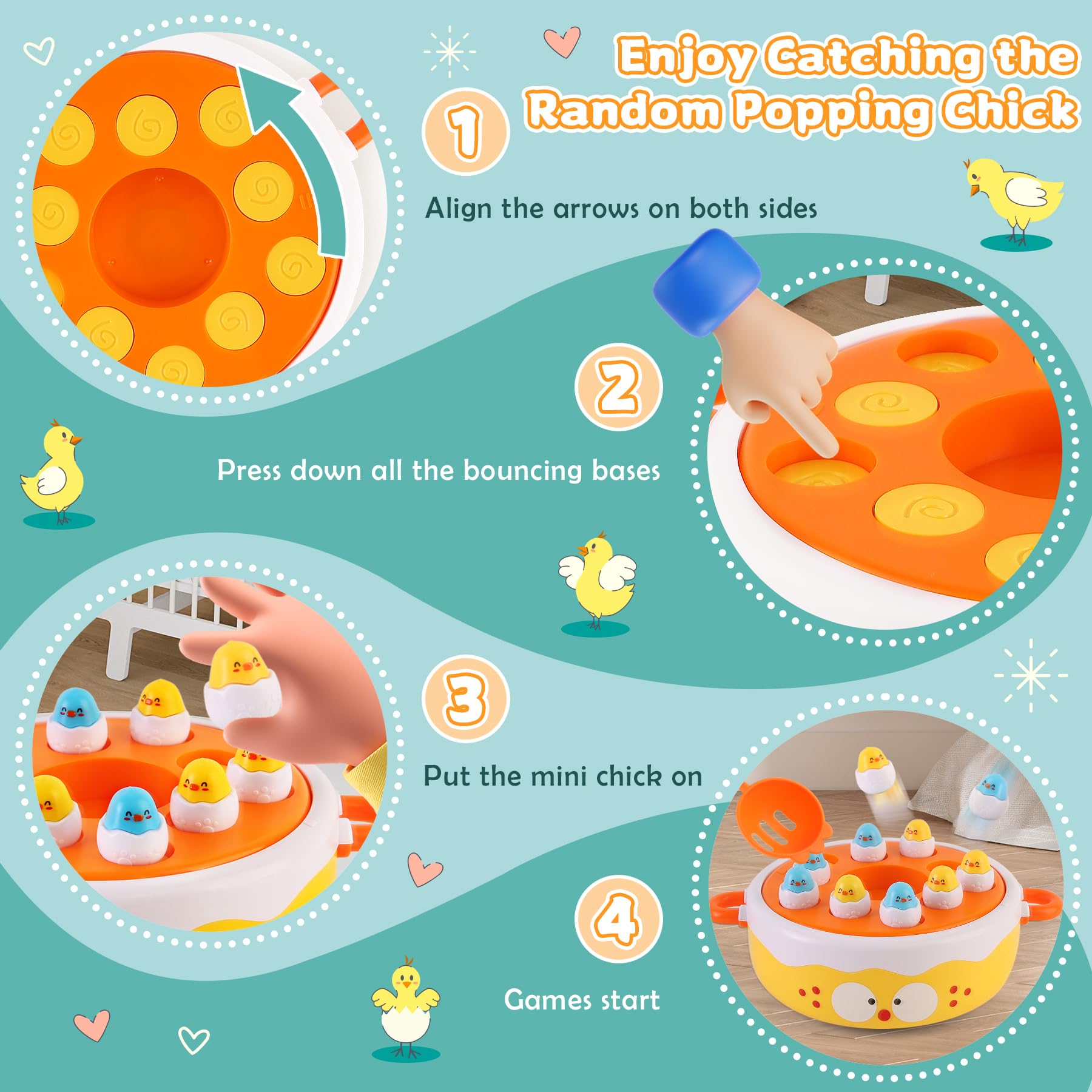 BunnyJOY Set di Pesca Magnetica 4 in 1 con Pulcini per Bambini 3+ Anni Giocattolo Educativo Montessori Interattivo con Musica, Gioco per Bambini di Pesce con Rete, Regalo per Ragazzi e Ragazze 3 4 5 6