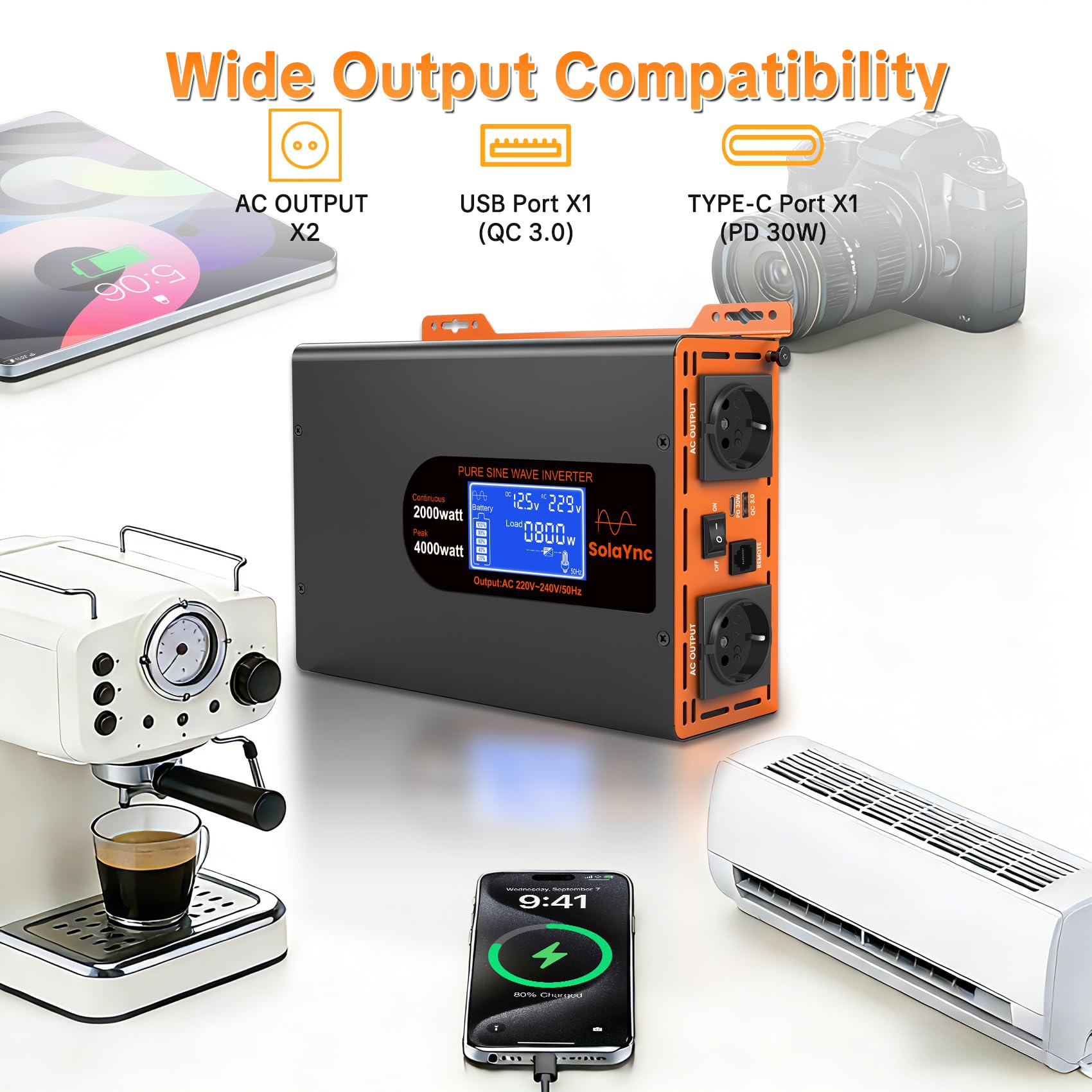 Inverter 2000W/4000W 12V 220/230V Onda Sinusoidale Pura,2 EU Presa,Porta Type-C da 30W e porta USB, telecomando LCD schermo LCD,Adatto per Elettrodomestici, Camper Campeggio