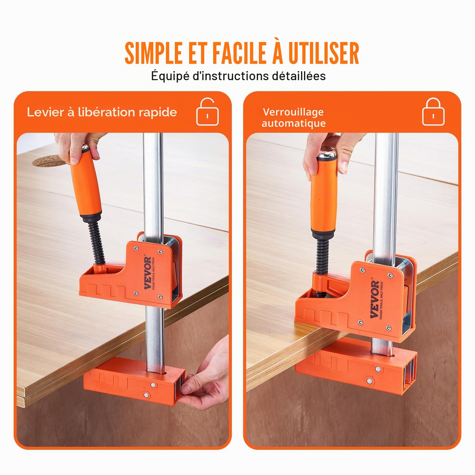 VEVOR Jeu de 2 Serre-Joints à Libération Rapide 145 cm, Serrage Parallèle, avec Limite de Charge 499 kg, Pression Uniforme, en Plastique et Acier au Carbone, pour Charpentier Menuisier Métallurgie