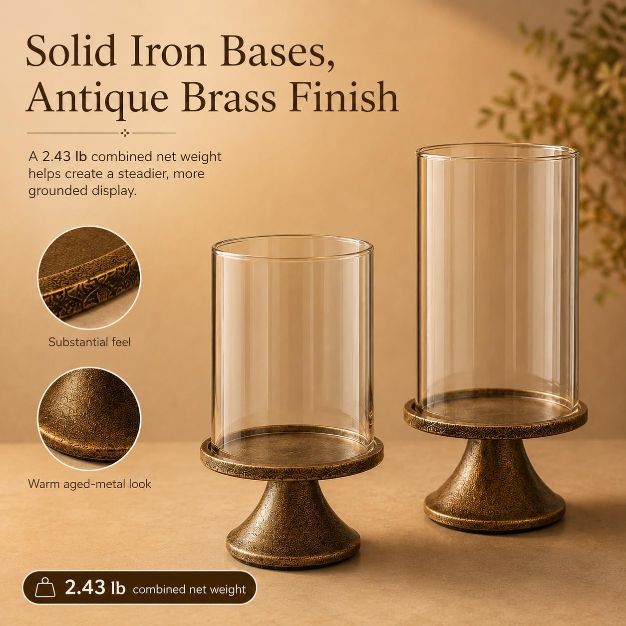 Hurricane Glass Candle Holders Set of 2, Iron, Antique Brass Finish
