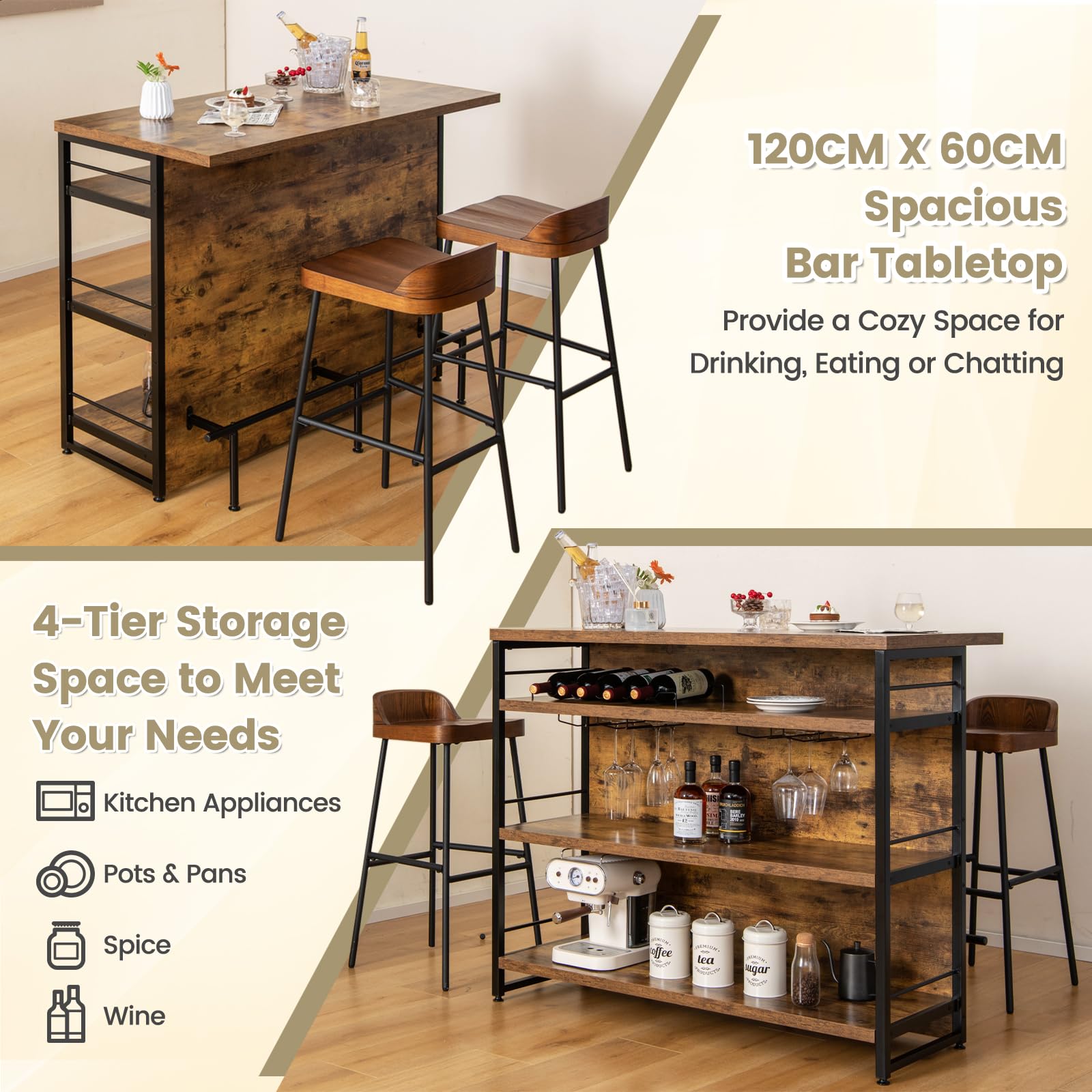 KOMFOTTEU Table de bar 2 en 1 avec espace de rangement - Armoire de bar avec 4 niveaux - Étagère à vin et support en verre - Buffet haut avec pieds réglables - 120 x 60 x 101 cm (marron)