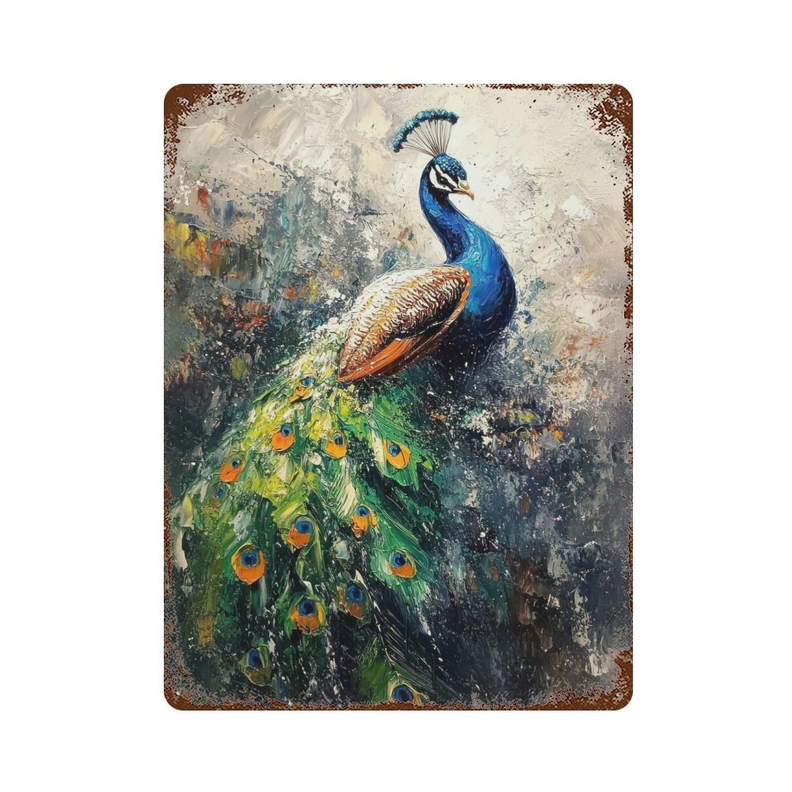 Peacock Painting 15.7"x11.8" Aged Metal Wall Plaque, Novelty Wall Decor for Garage, Bar And Workshop Decor