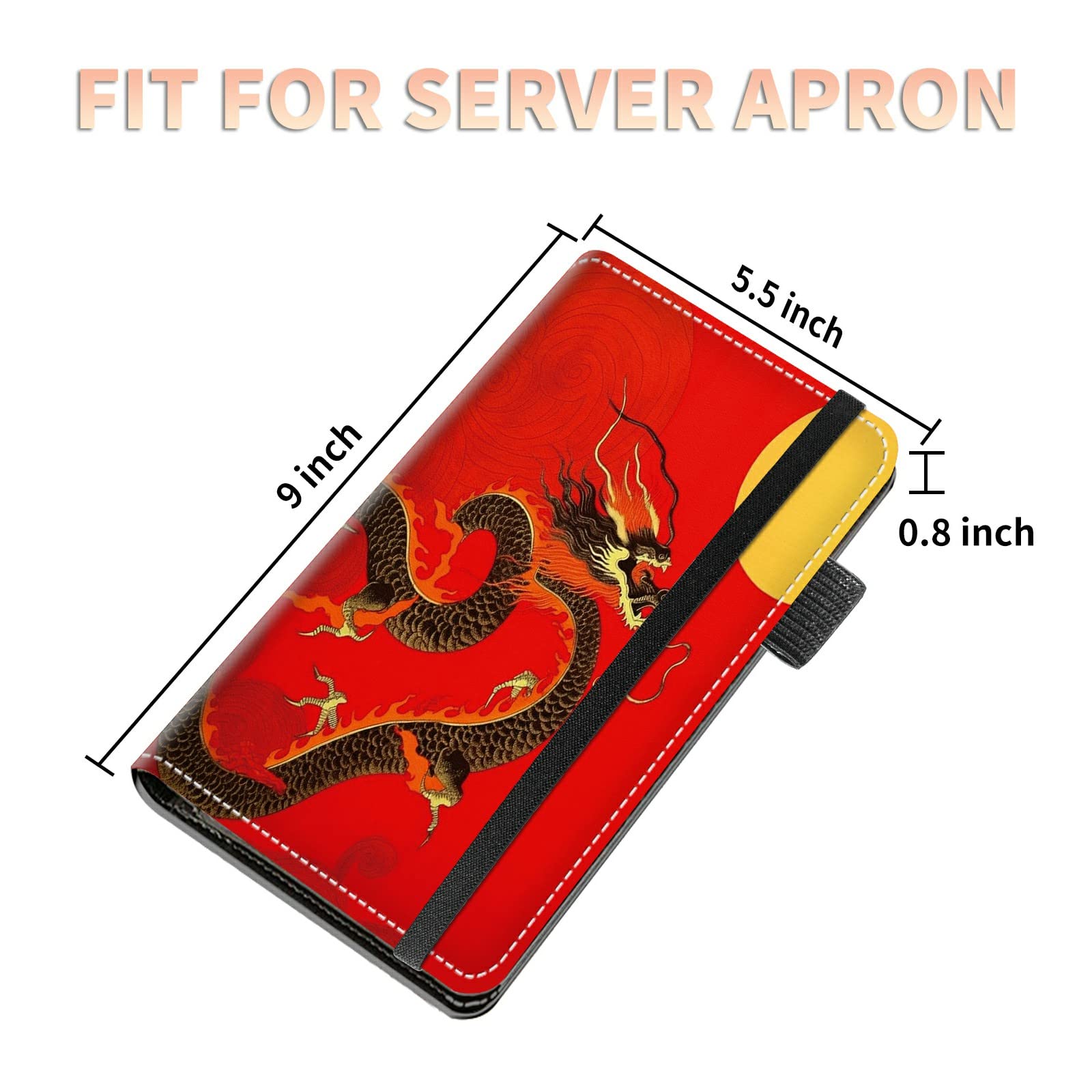 High Volume Server Books, Golden Dragon Server Book w/ 2 Expandable Pockets 9 x 5 Cute Waitress Book Zipper Pocket & Strap Closure Waitstaff Organizer Server Booklet Waiter Money Wallet