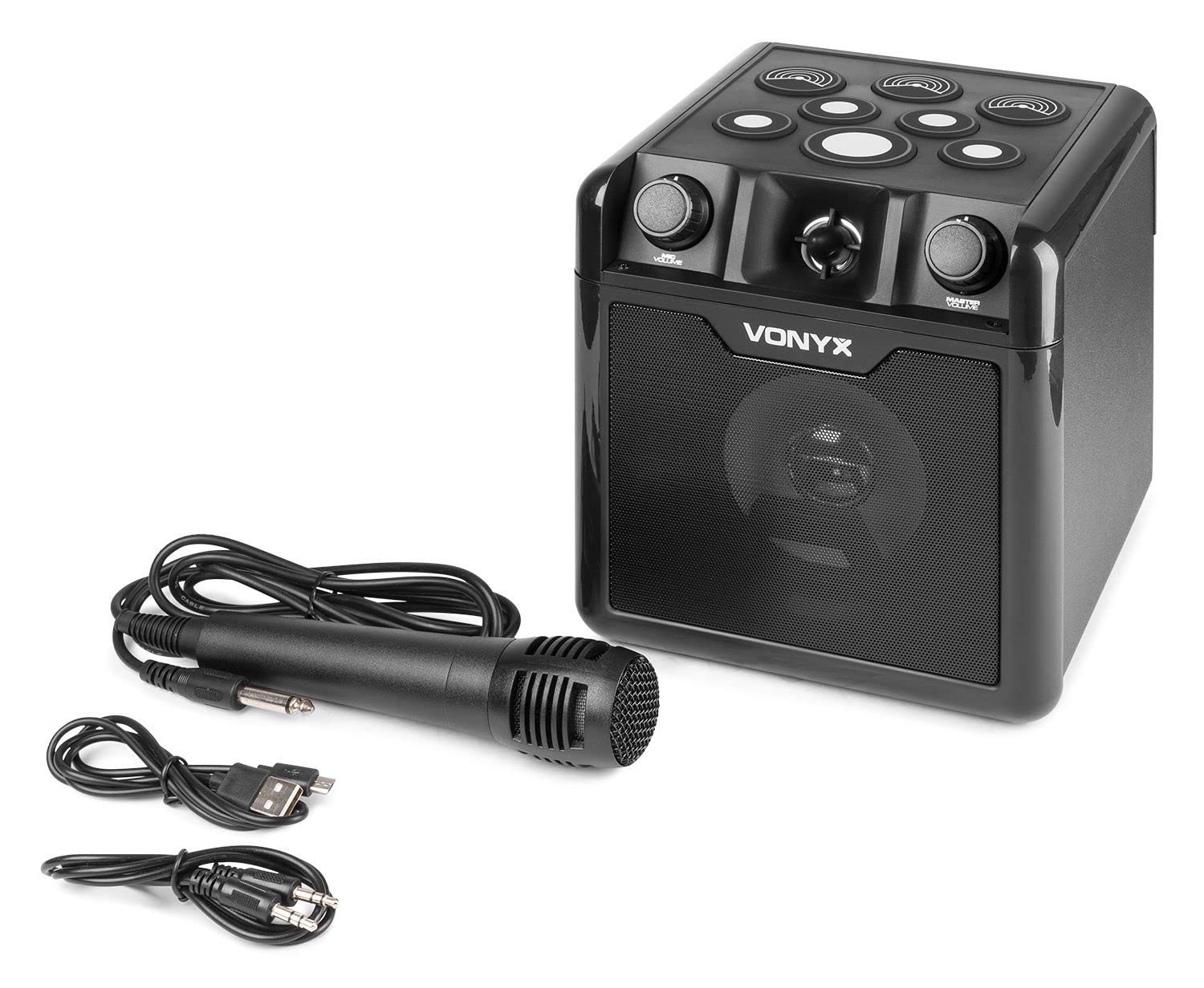 Vonyx SBS50B-DRUM Karaoke Maschine für Kinder mit Drum Pads, inkl. Mikrofon, Bluetooth, Party Lautsprecher mit Fingertrommel, Akku Lautsprecher, Percussion Felder, Karaoke Anlage, Musik Box, Schwarz