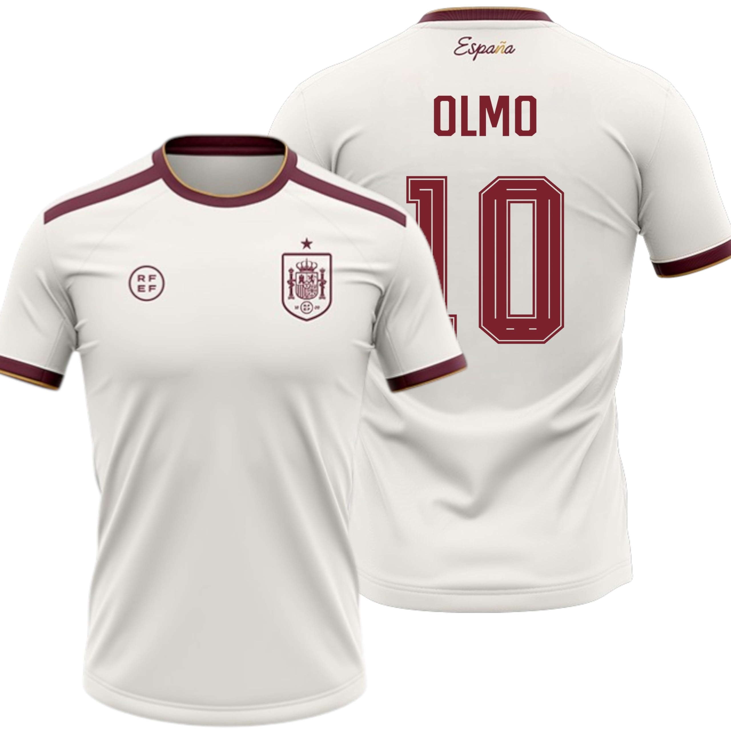 Camiseta España 2026-2028 | Olmo 10 Dorsal y Nombre | Color Blanco con Detalles Granate | Manga Corta | Diseño Futbol Aficionados | Tejido Transpirable Deportivo