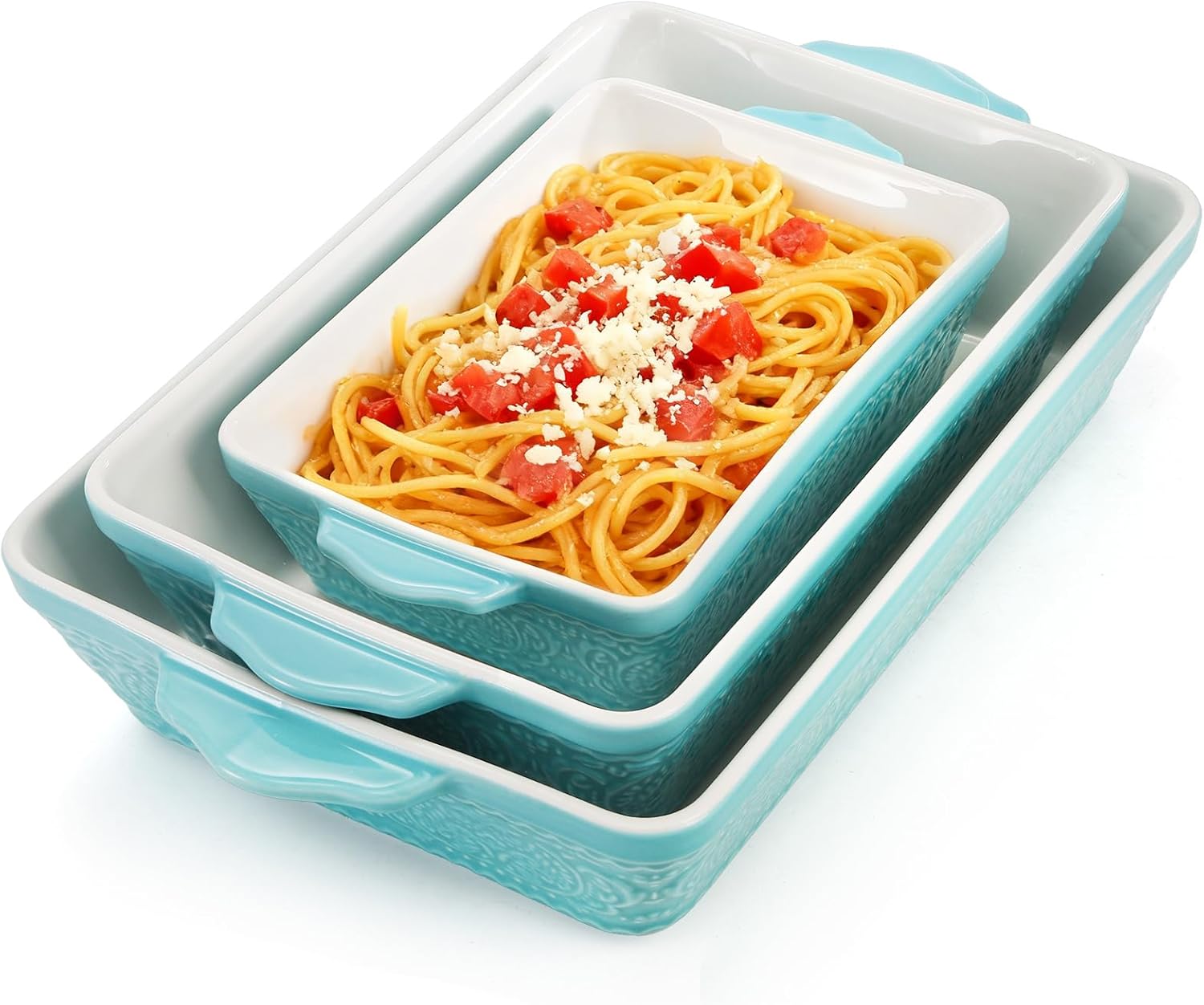 SOUJOY Ceramic Baking Dish Set of 3, Oven-to-Table and Non-Stick Rectangular Casserole Dishes with Sturdy Handles, Space-Saving Stack Lasagna Pan for Cooking, Serving, Roasting, Gifting, Turquoise