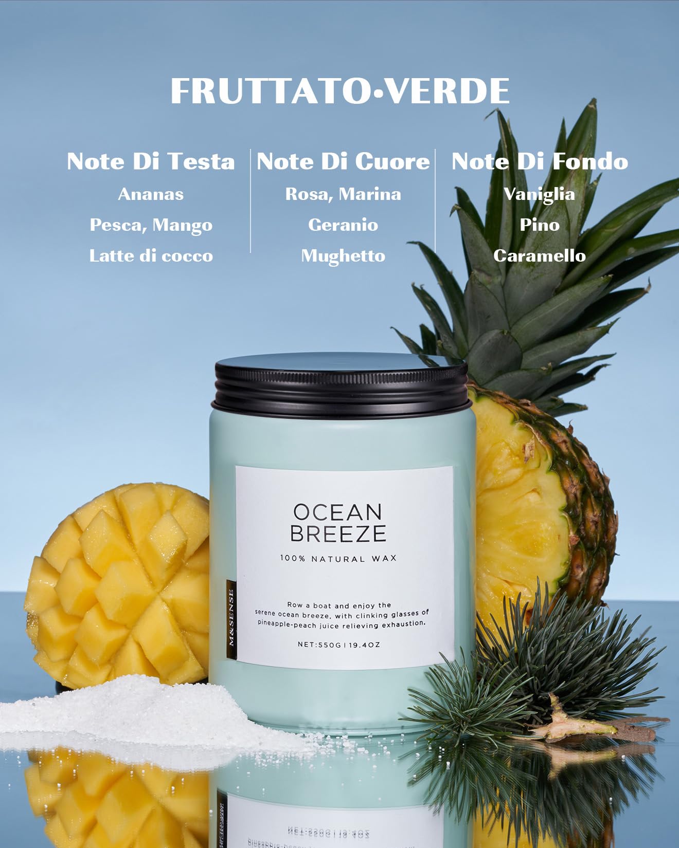 M&SENSE Candela profumata di brezza oceanica, candela grande profumata da 110 ore, candele di soia naturali a 2 stoppini al profumo di ananas e mango per la casa, regali di candele per donne/uomini