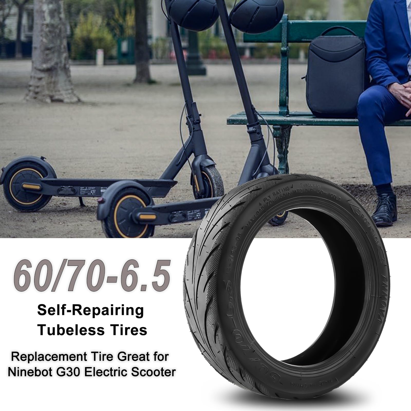 60/70-6.5 Tubeless Reifen für Ninebot Max G30, Selbstreparierende Vakuumreifen mit Ventil, E Scooter Ersatzreifen mit Rutschfest und Verschleißfest, 10 Zoll Gummireifen mit Durchstoßfest