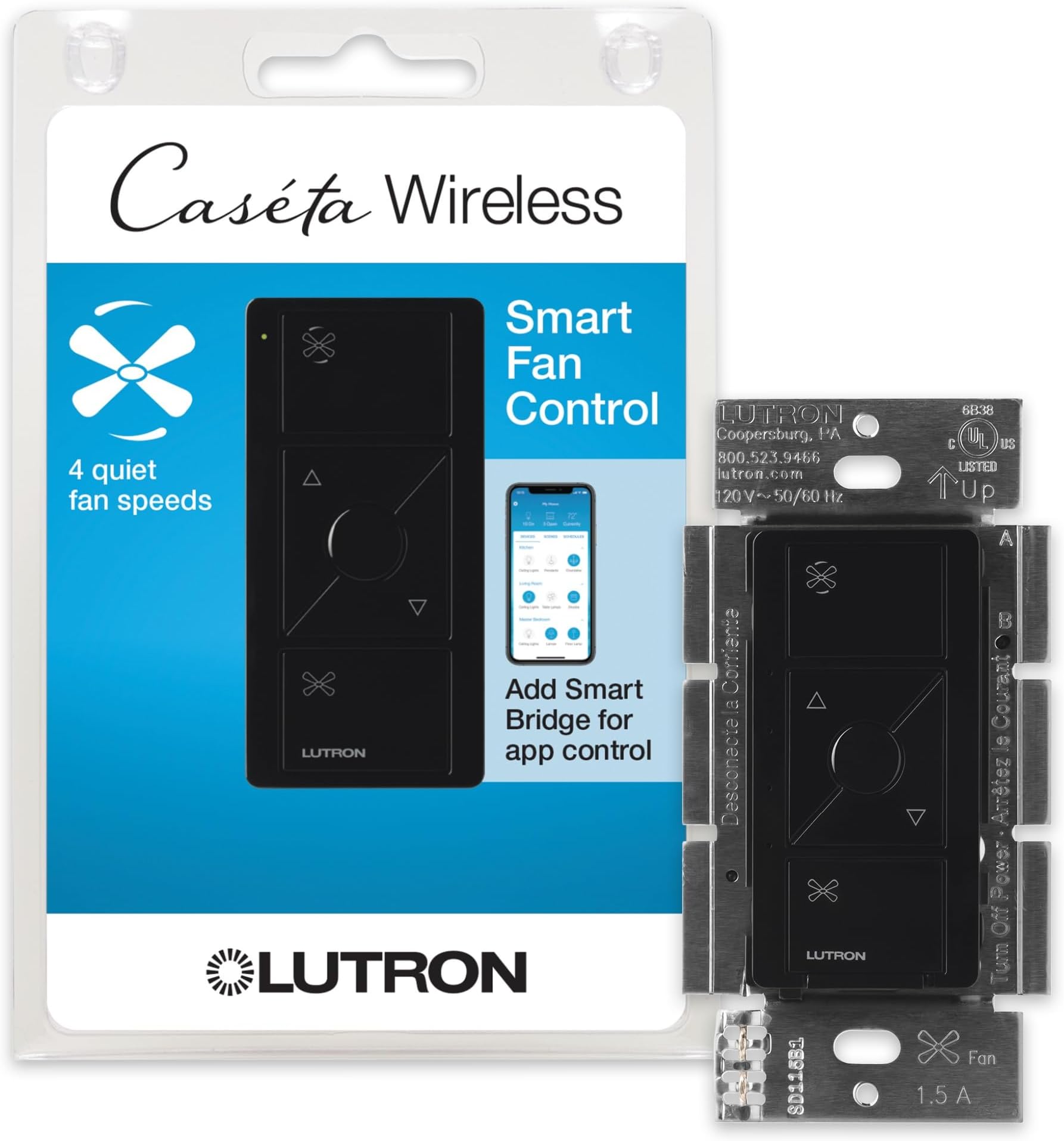 Lutron Caseta Smart Fan Control (Smart Hub Required) 4-Speed for Paddle Fan | Smart Fan Control elimates pull chains, choose from 4 fan speeds, preselect your favorite speed, PD-FSQN-BL, Black