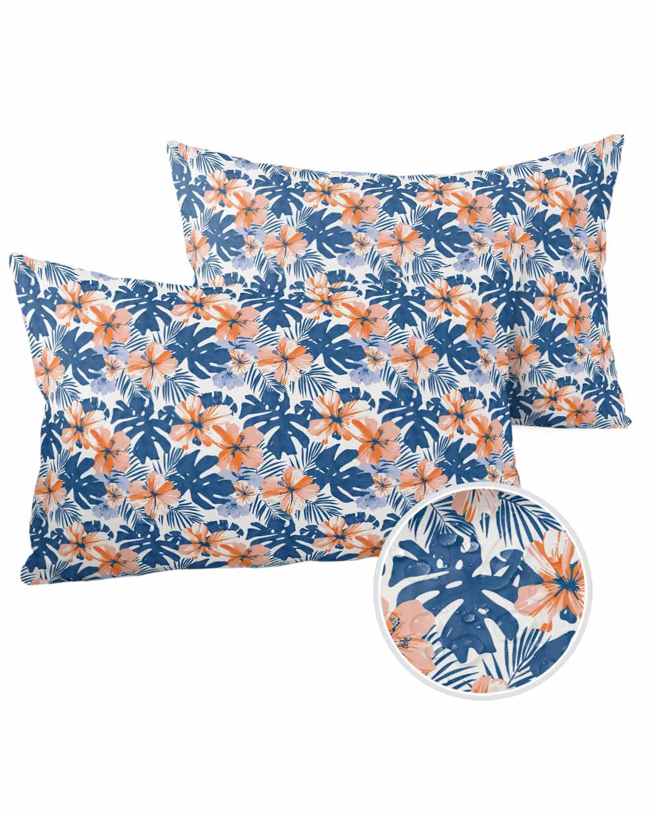 Boanket Lumbar Pillow Covers 12 x 20 in, Blue Orange Botanical Waterproof Throw Pillow Cover Set of 2, Tropical Plants Summer Flowers Home Decorative Rectangle Cushion Covers for Patio/Couch/Garden
