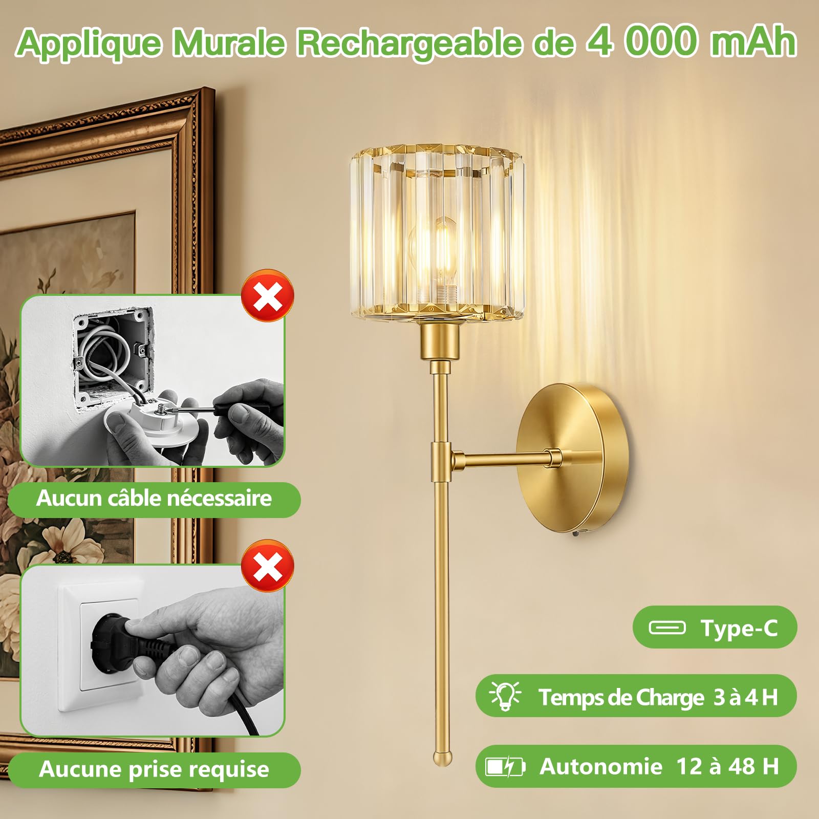 Kimjo Applique Murale Intérieure Rechargeable, Dorée Lampe Murale Sans Fil