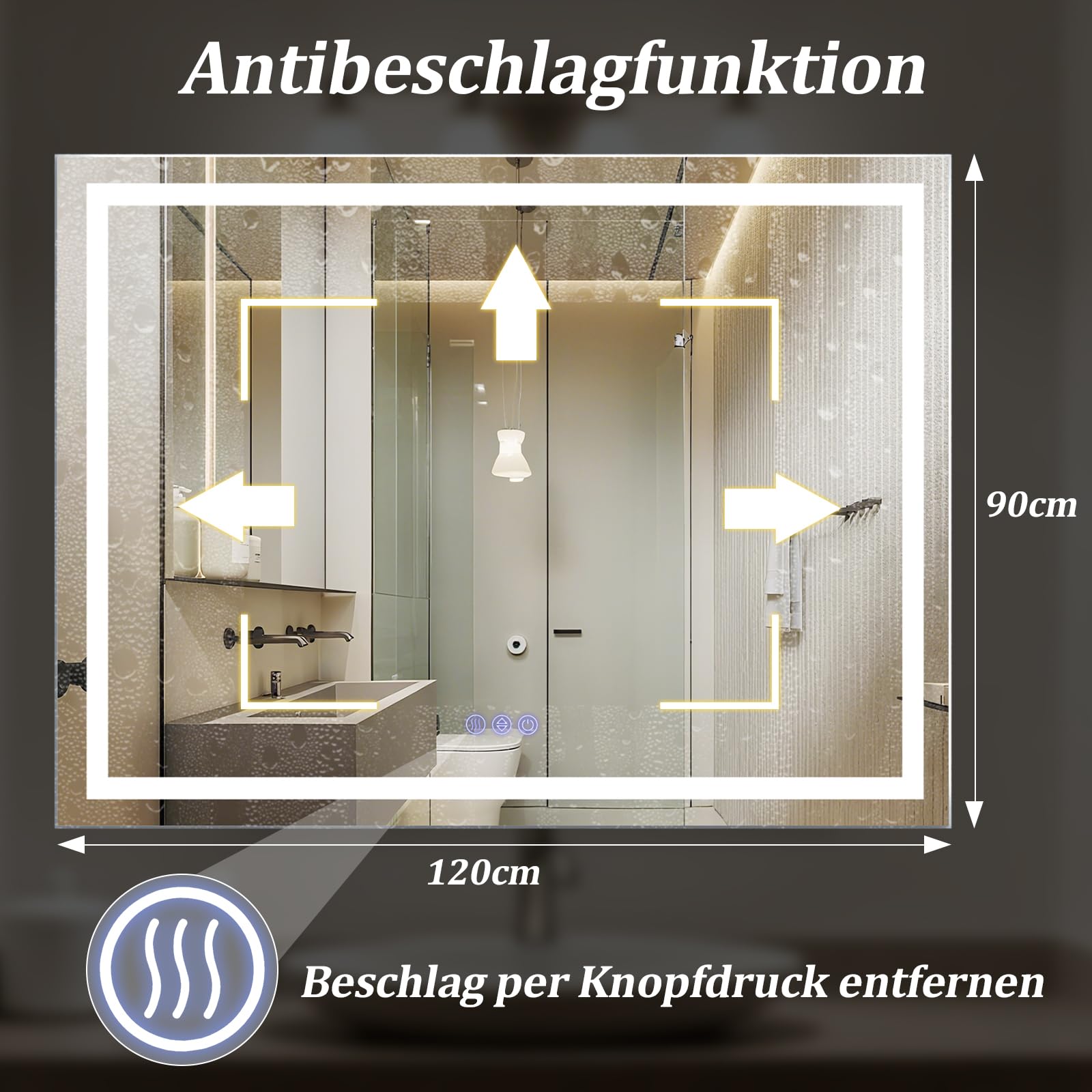 Koonmi 120x90 cm Miroir de Salle de Bain LED - 3 Modes d'éclairage réglables, Miroir de Salle de Bain Intelligent avec éclairage Avant et arrière, Fonction mémoire, Montage Mural Horizontal et