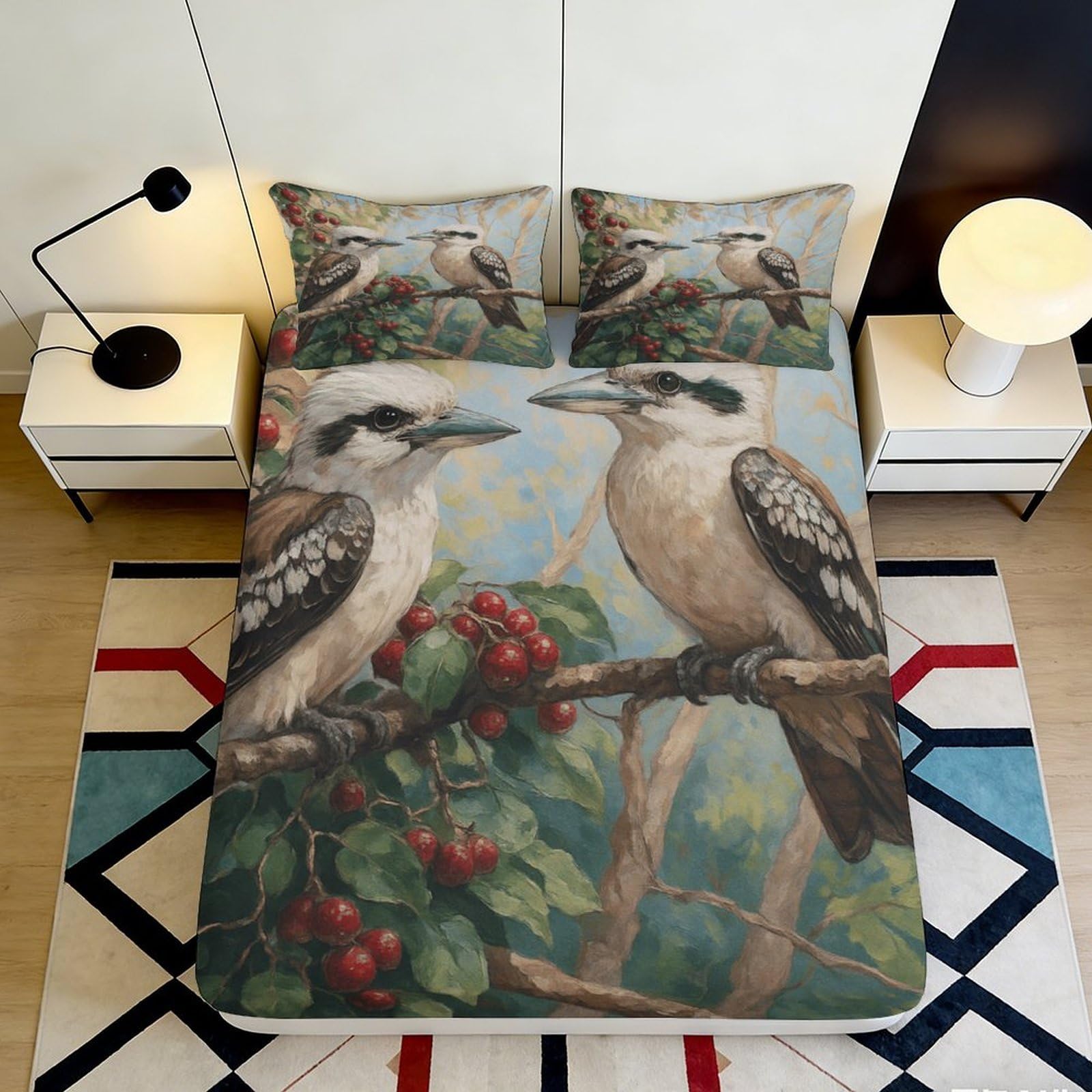 3D Printed Kookaburra Bird Fitted Sheet Microfiber Soft Nature Branch Bed Cover for Bedroom Guestroom Decor 90x200x25cm