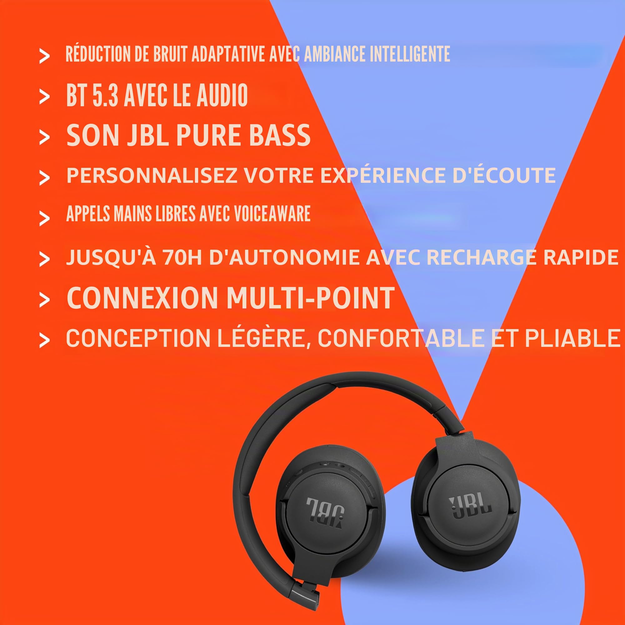 JBL Tune 770NC - Casque supra-auriculaire Bluetooth sans fil avec suppression intelligente du bruit adaptative, Bluetooth 5.3, autonomie jusqu'à 70H avec charge rapide, design léger, confortable et