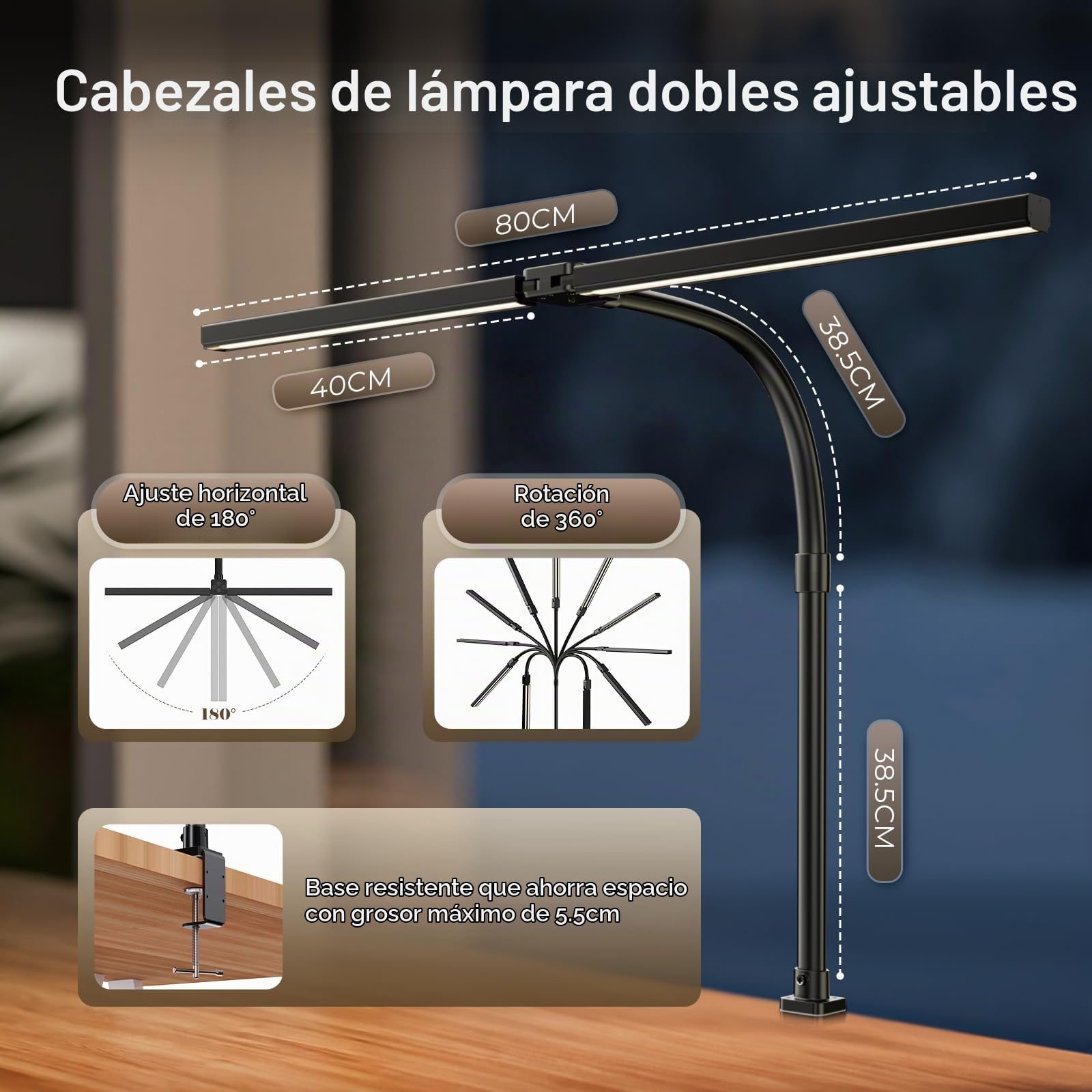 1300LM lampara de Escritorio LED 24W 80CM de Doble Cabeza Regulable con Control Remoto,24W 80CM para Monitor luz mesa con Abrazadera, Luz Diurna lamparas Oficina en Casa Brazo Giratorio pinza