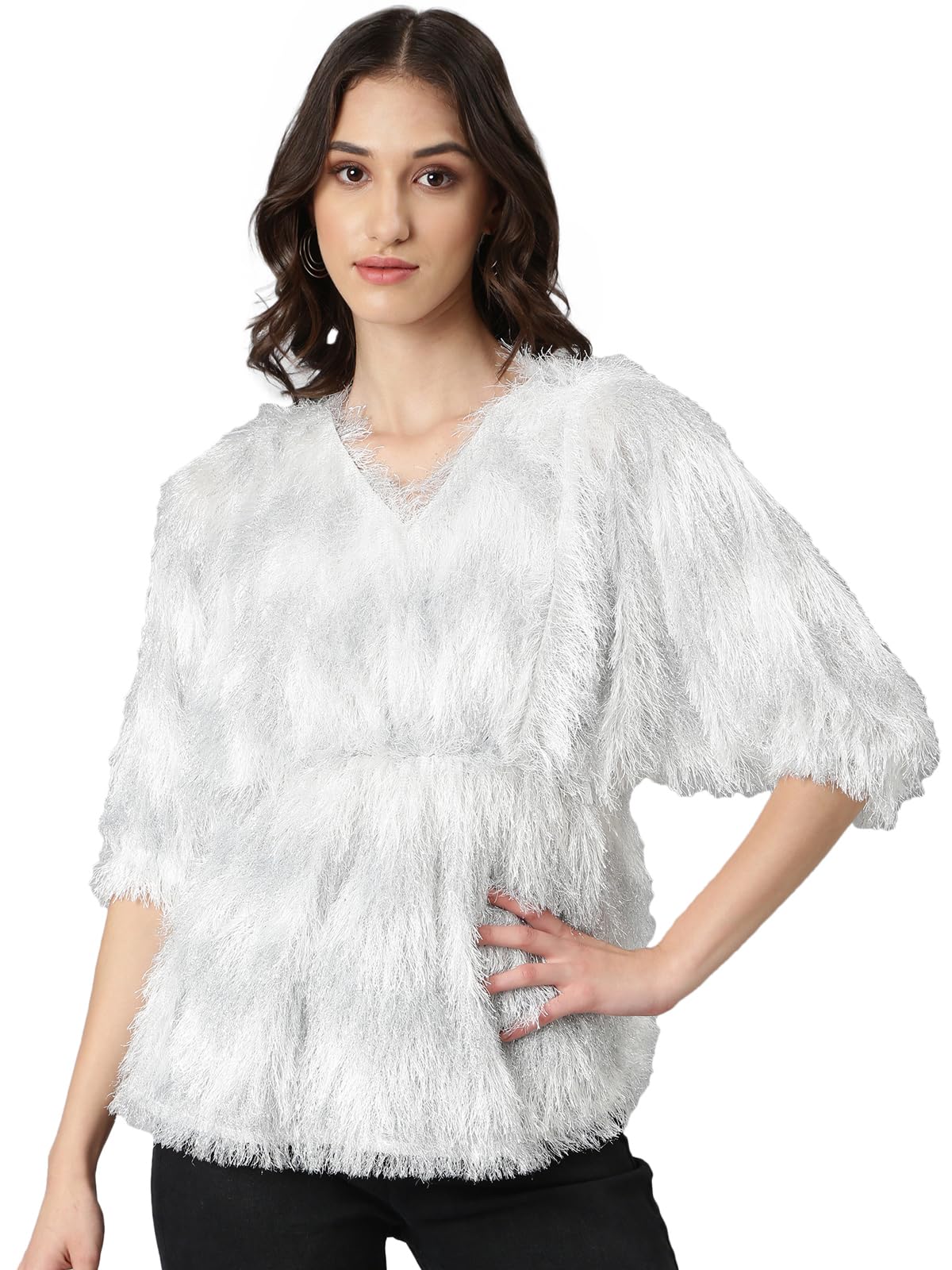 showoffff SHOWOFF Women's Solid Extended Sleeves White Cinched Waist Regular Top-SRA-7016_White-picture-10