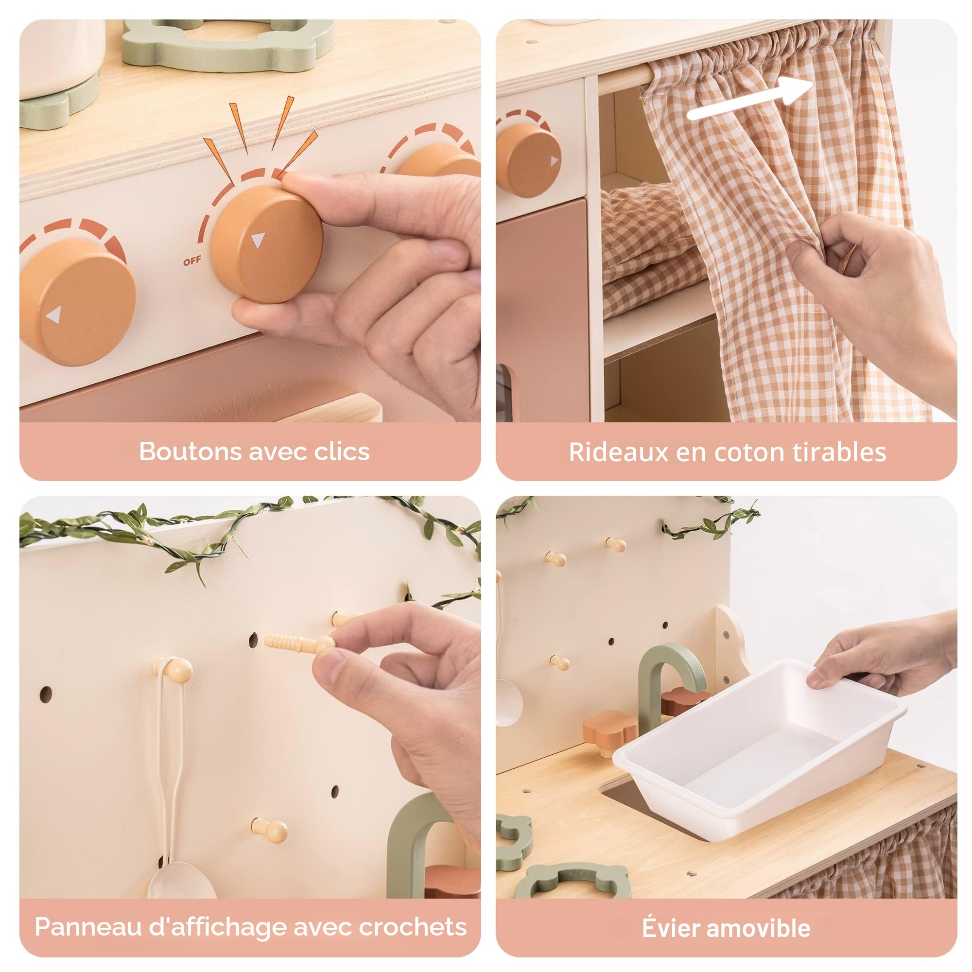 ROBOTIME Cuisine Enfant en Bois Rose Crème avec Four, Évier et Tablier | Jeu d’Imitation Dès 3 Ans avec Guirlande Lumineuse, Ustensiles, Rangement et Accessoires pour Petits Chefs