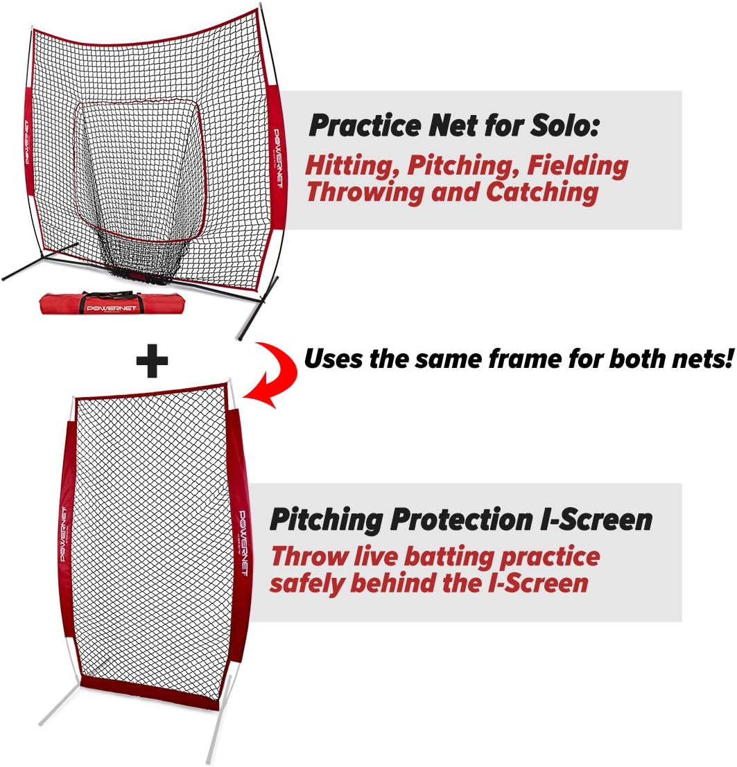 PowerNet Baseball Softball Practice Net 7x7 Bundle + I-Screen (1 Frame + 2 Nets) | Training Aid Equipment | Instant Pitcher Barrier from Line Drives Grounders | Front Toss | Hitting Fielding Drills : Sports & Outdoors