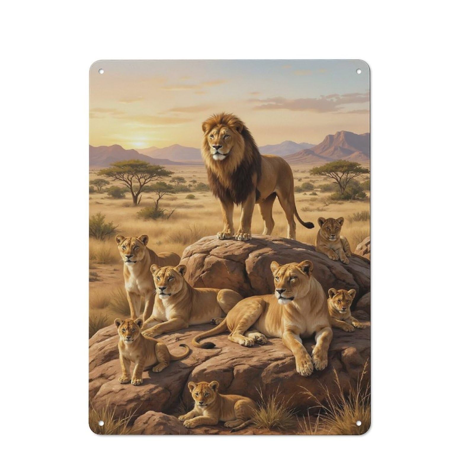 Junmoney Style-10 Tin Wall Plaque 40X30cm With Lion Pride On The African Savannah For Guest Room Or Hallway, For Garage, Workshop And Man Cave Decoration