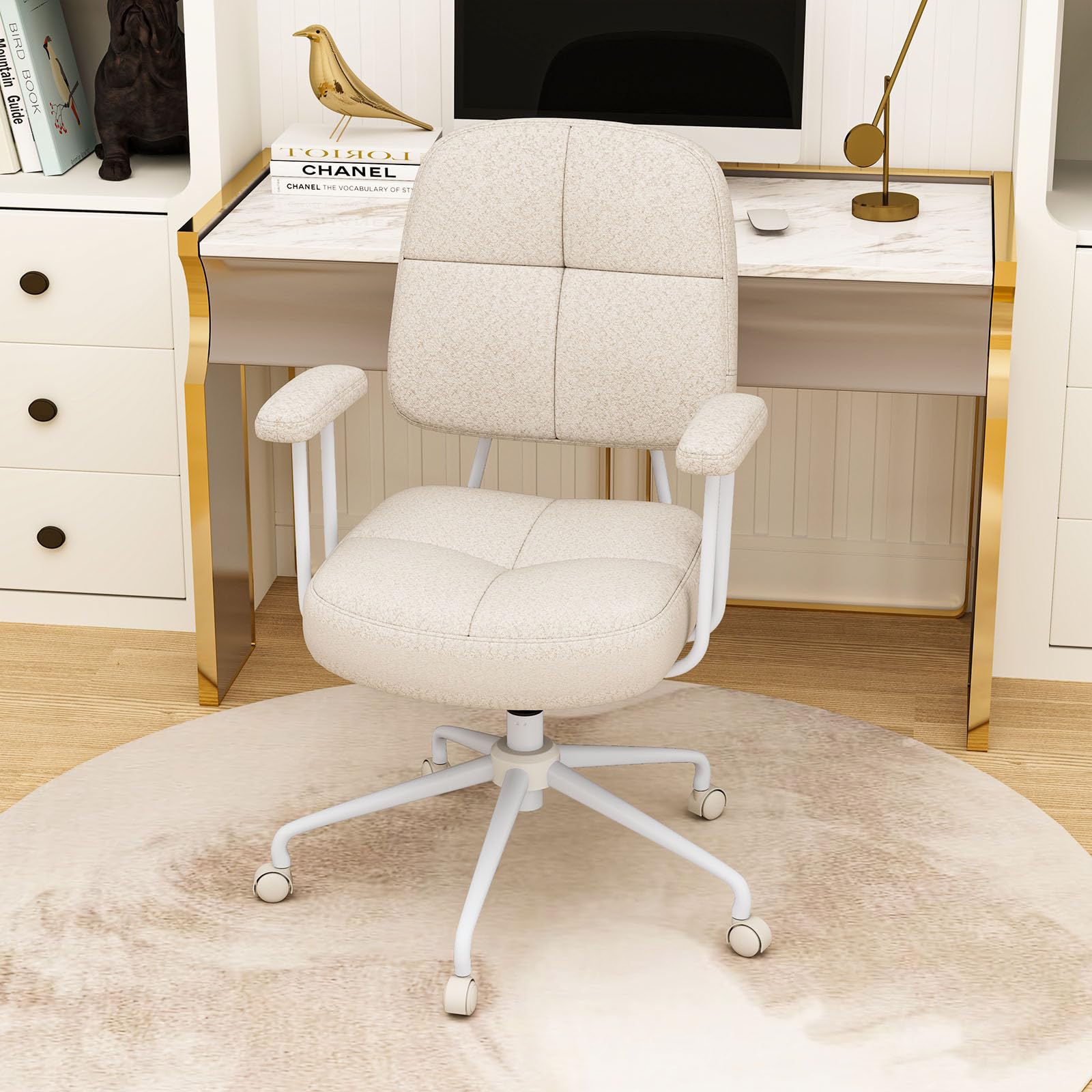 COSTWAY Sedia da Ufficio, con Schienale e Braccioli, Sedia Girevole Regolabile con Funzione a Dondolo e Ruote per Camera da Letto, Studio, Portata 150 kg (Bianco)