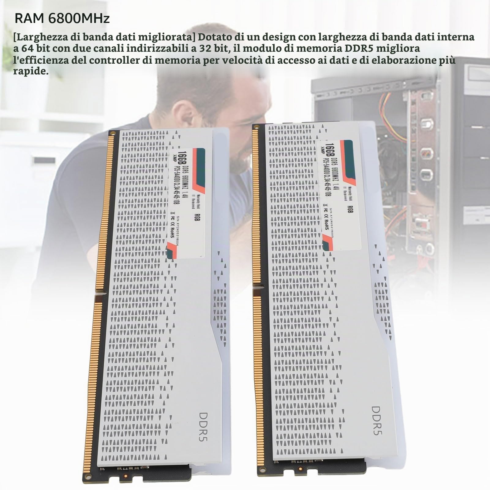RAM DDR5, 32 GB 2x16 GB 6800 MHz PC5 54400U CL34 45 45 108 Kit di Memoria RGB, XMP3.0 EXPO Overclocking ECC Correzione Errori, per Computer Desktop