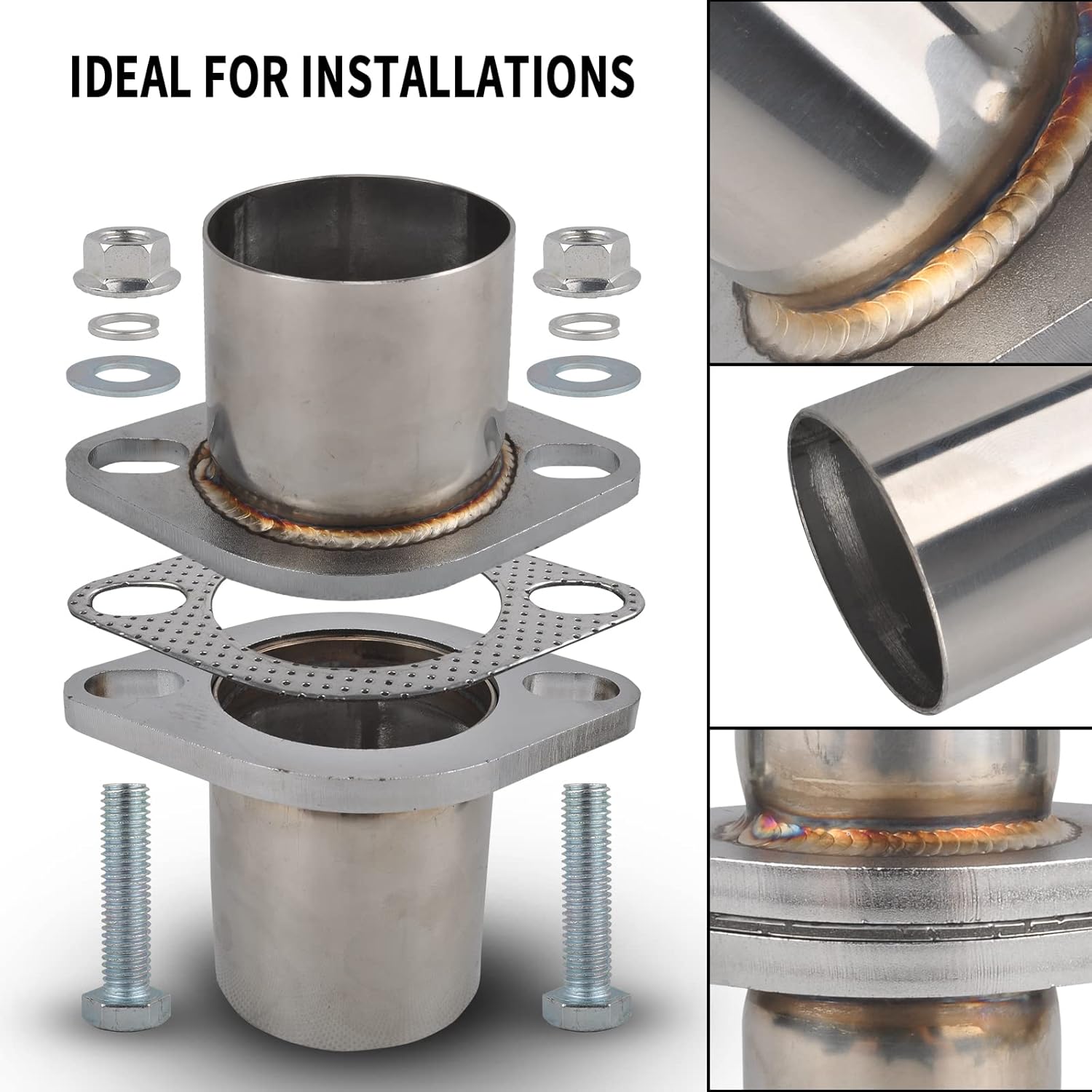 Exhaust Flange Bolts Quick Fix Repair Pipe Kit w/Gasket & Hardware, 2.5'' Inch ID 2 Bolts T304 Stainless Steel Universal Flange Replacement Kit