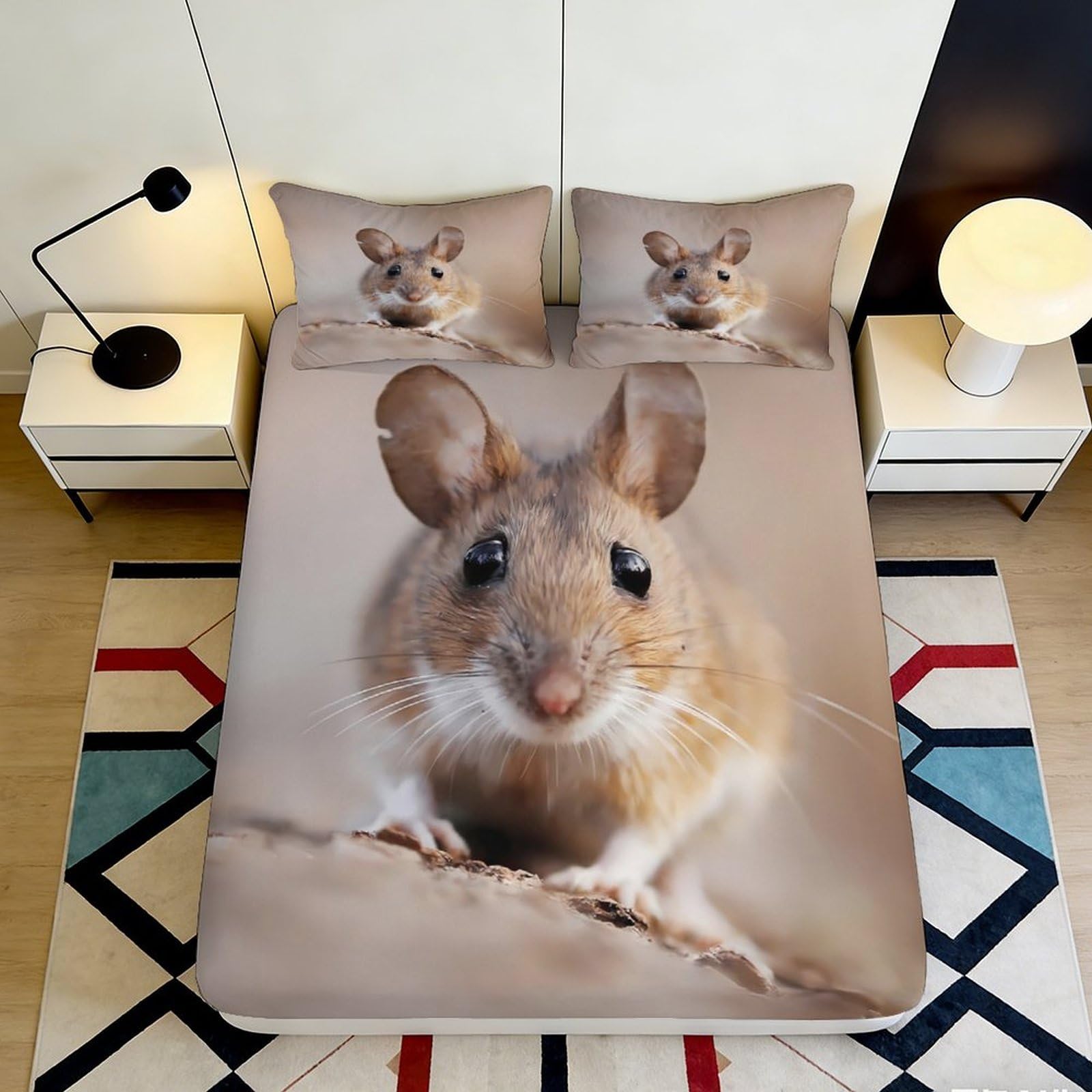 Uynsixtme Style-4 3D Printed Cute Mouse Fitted Sheet Microfiber Deep Pocket Bedroom Bedding Washable Mouse Mattress Fitted Cover Non-Slip Mattress Protection 200X200x25cm