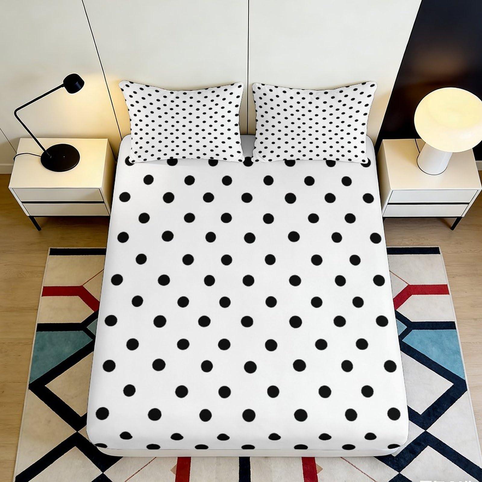3D Printed Polka Dot Fitted Sheet Microfiber Soft Breathable Black and White Bed Cover for Bedroom Dormitory Guest Room Mattress Protection 200x200x25cm