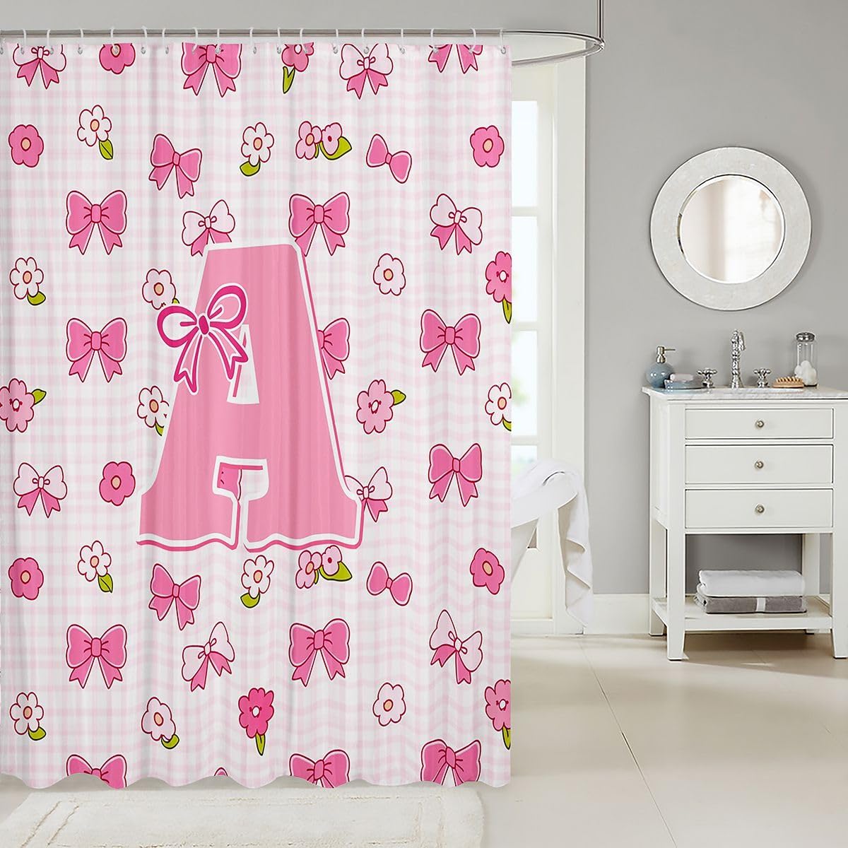 jejeloiu Pink Cute Bow Shower Curtain Cute Flower Bath Curtain Personalized Letter A Bathroom Waterproof Accessories with 12 Hooks Pink Square Lattice Waterproof Polyester,72x72 Inches image 2