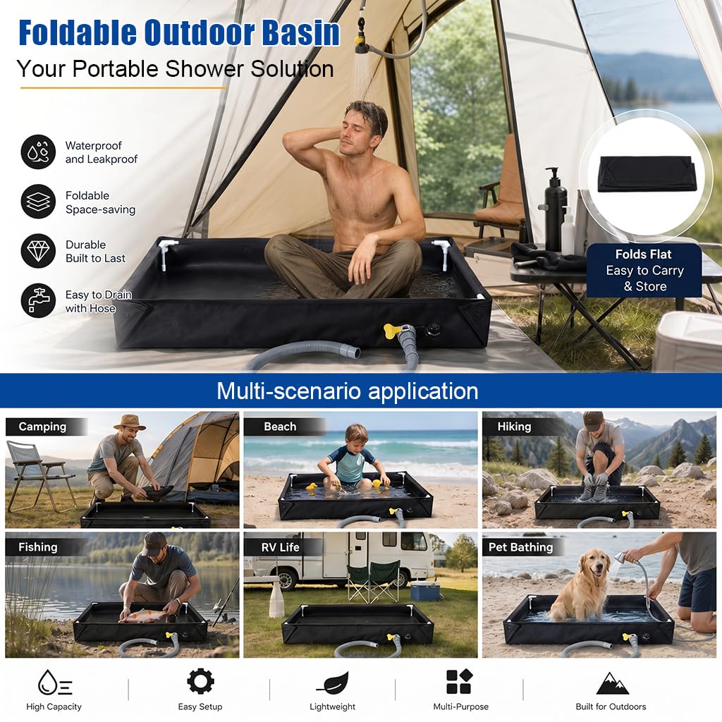 Gohytal Base doccia pieghevole, 80 x 80 cm, piatto doccia portatile da campeggio, con tubo di scarico, resistente, Oxford, impermeabile, grande doccia, mobile da campeggio, per camper, interni ed