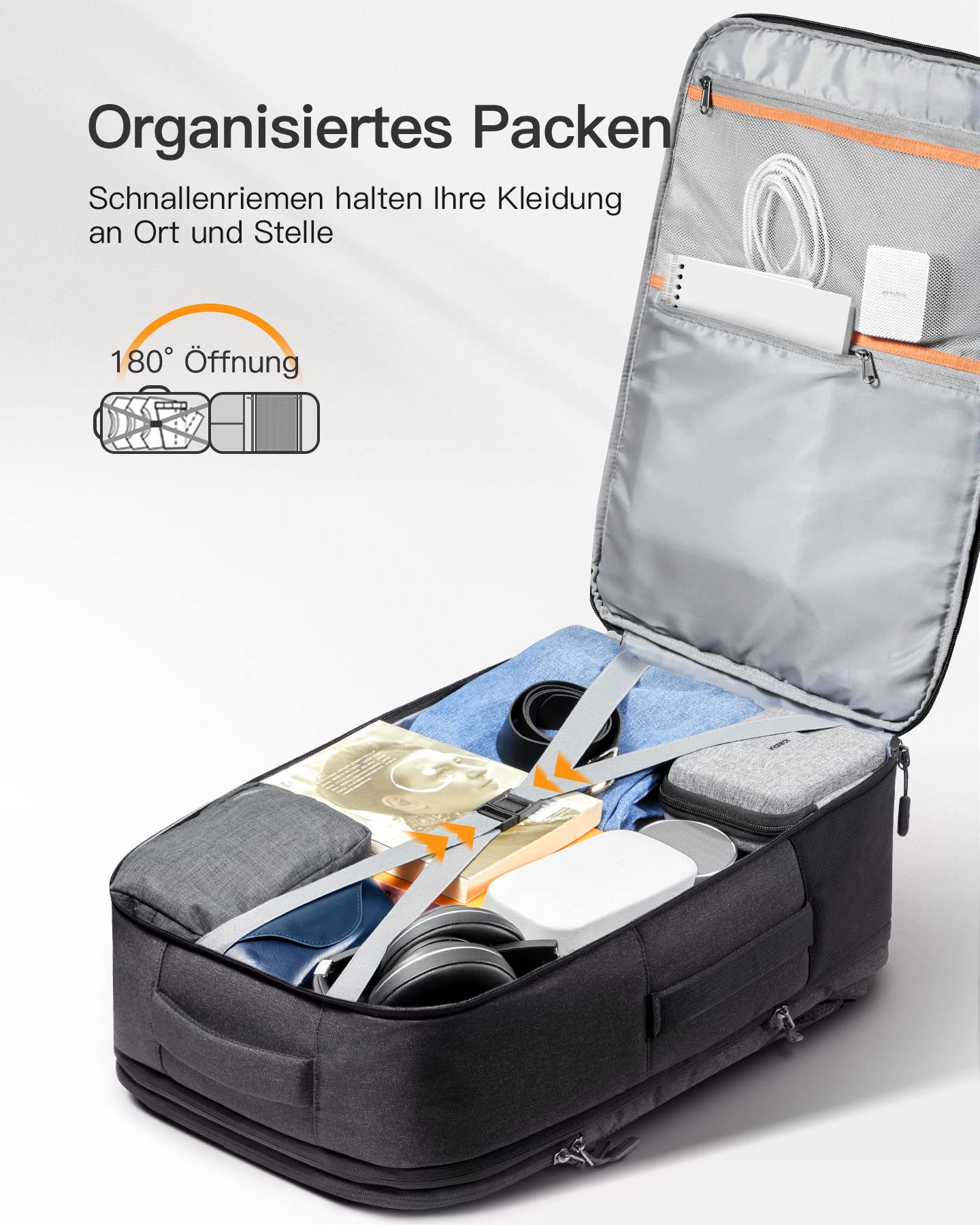 Inateck 38.5-46.2 L Reiserucksack erweiterbarer Herren Damen Handgepäck Flugzeug Rucksack, 15.6 Zoll Laptop Rucksack spritzwassergeschütztes Carry on Kabinenrucksack für Weekender
