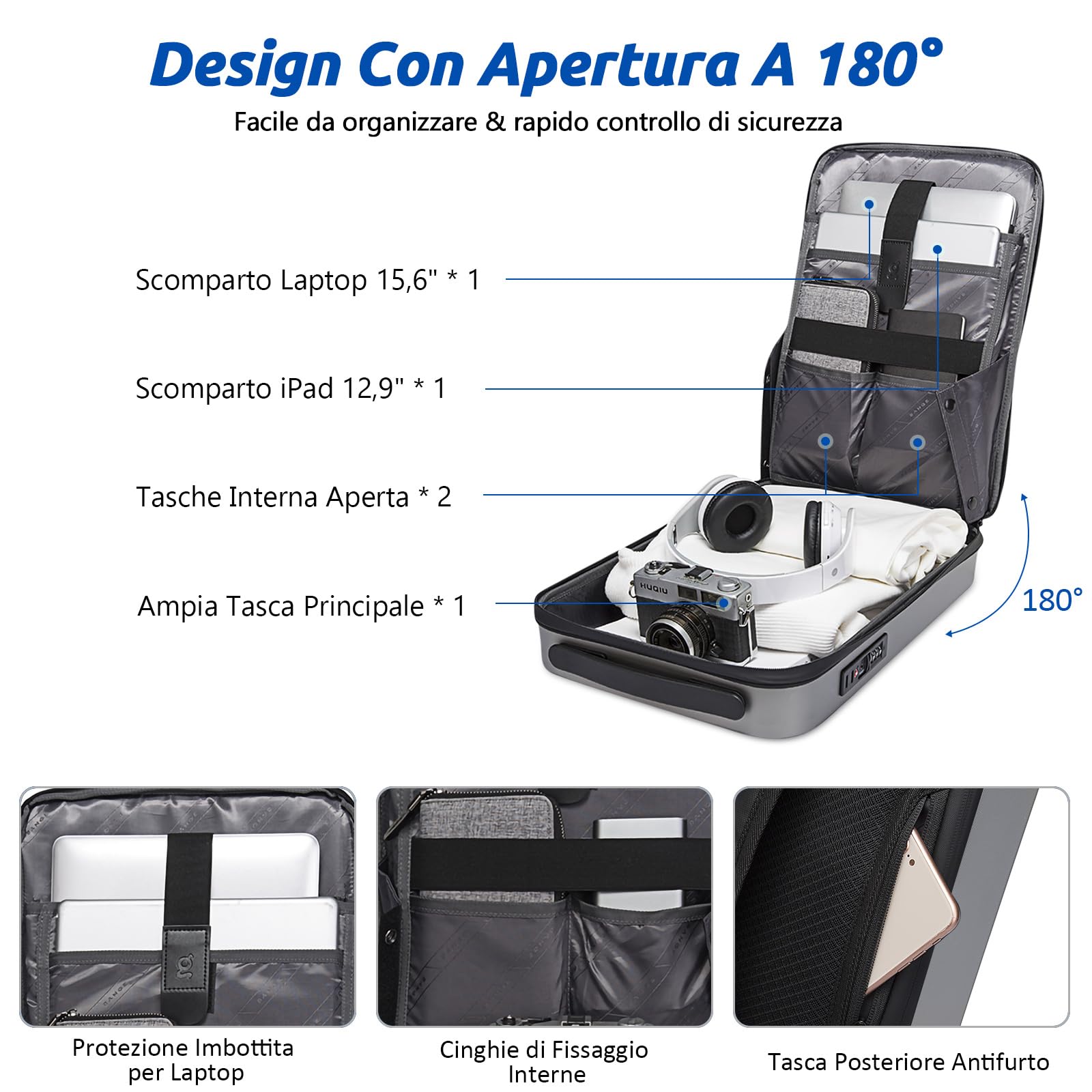 VARLIVOO Uomo Zaino con USB Porta 15.6" Laptop Zainetto Parola d'ordine Serratura Borse Lavoro Viaggio Scuola Università Campeggio Antifurto Zaino Impermeabile Polyester D'argento