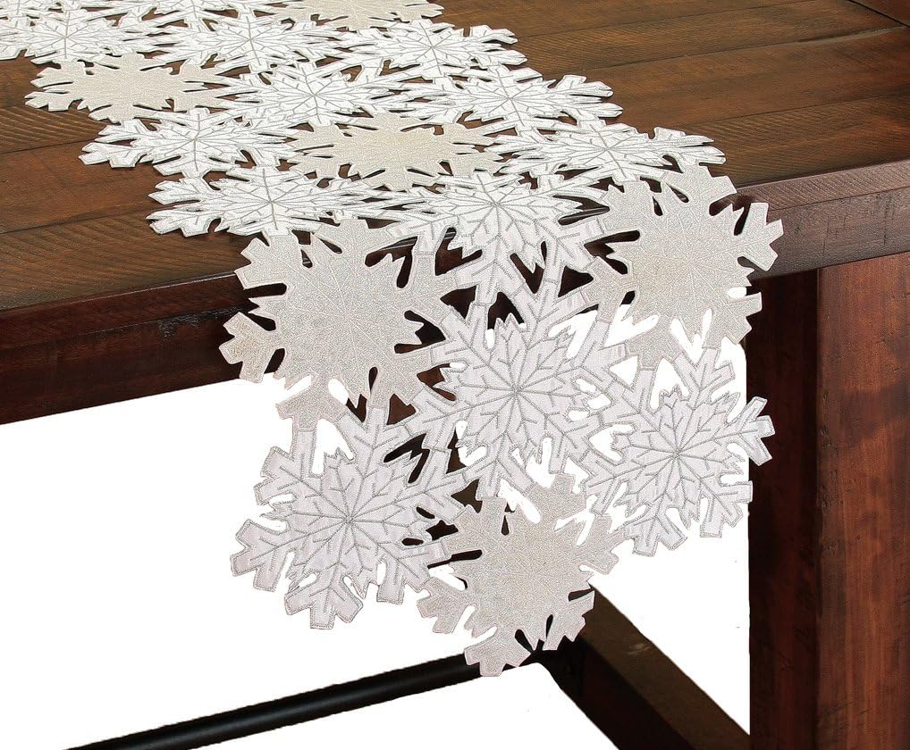 Shimmer Snowflake Embroidered Cutwork Christmas Table Runner, 16 by 34-Inch