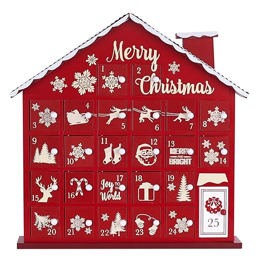 MEETYAMOR Christmas Advent Calendar, Wooden House 2025 Advent Calendar with 25 Large Drawers, 25 Days Until to Christmas Countdown for Home Indoor Living Room Table Mantel Decor, Red