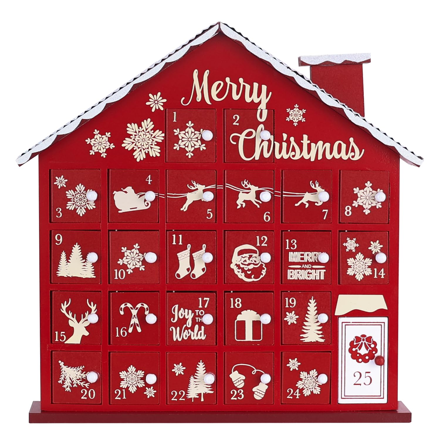 MEETYAMOR Weihnachten Adventskalender, Holzhaus 2025 Adventskalender mit 25 großen Schubladen, 25 Tage bis Weihnachten Countdown für Home Indoor Wohnzimmer Tisch Kamindekor Rot