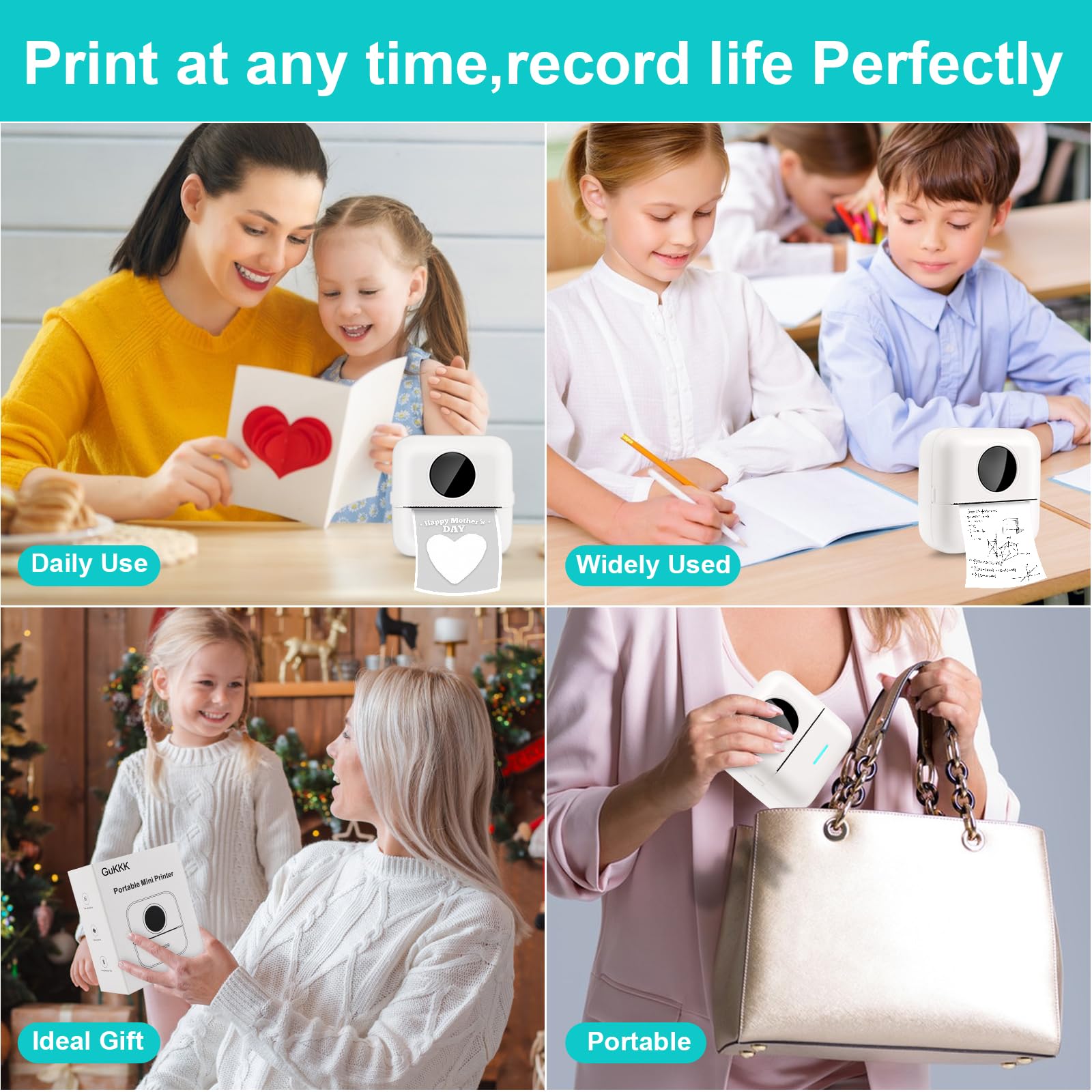 GuKKK Mini drukarka, mobilna drukarka fotograficzna, przenośna, bezprzewodowa drukarka termiczna, 13 rolek papieru do drukarki i 5 kredek, pomoc w nauce, notatek, notatek, listy