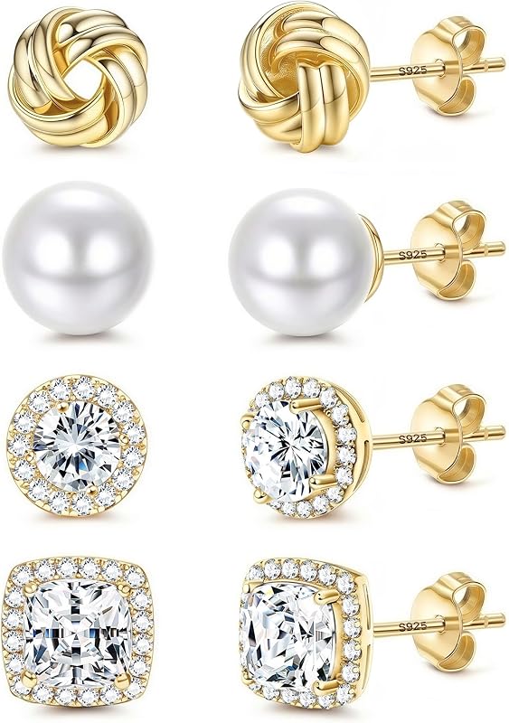 4 Pairs Hypoallergenic Stud Earrings for Women 14K Gold Plated | Sterling Silver,Big Simulated Pearl Love Knot,Brilliant Cubic Zirconia Halo Earrings Studs for Sensitive Ears Everyday Formal
