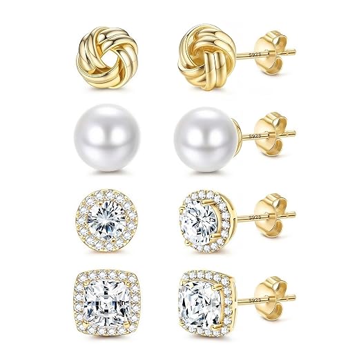 FIBO STEEL 4 Pairs Hypoallergenic Stud Earrings for Women 14K Gold Plated