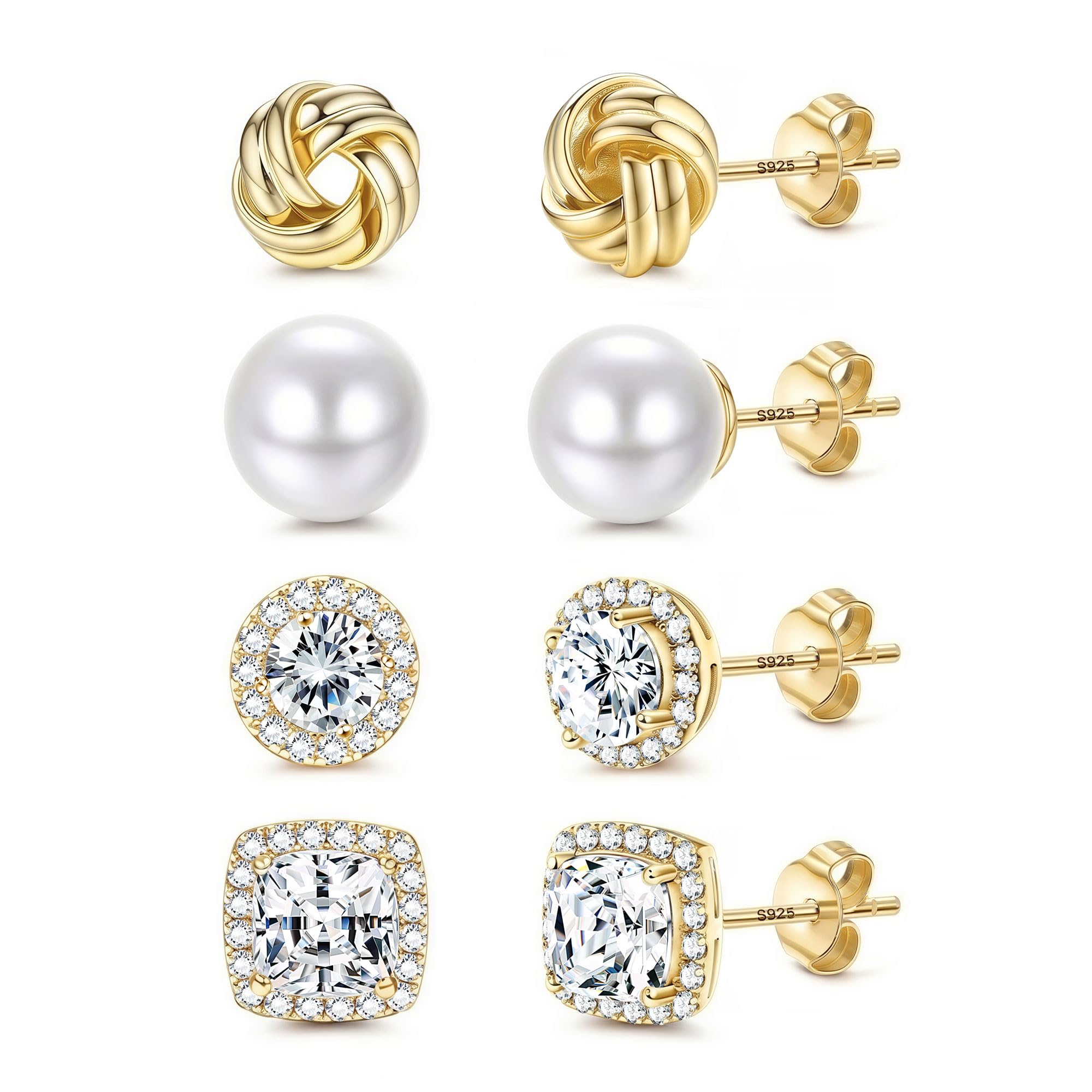 FIBO STEEL Hypoallergenic Stud Earrings for Women - 4Pairs Sterling Silver Earrings 14K Gold Plated Big Simulated Pearl Love Knot Brilliant Cubic Zirconia CZ Halo Stud Earrings for Sensitive Ears