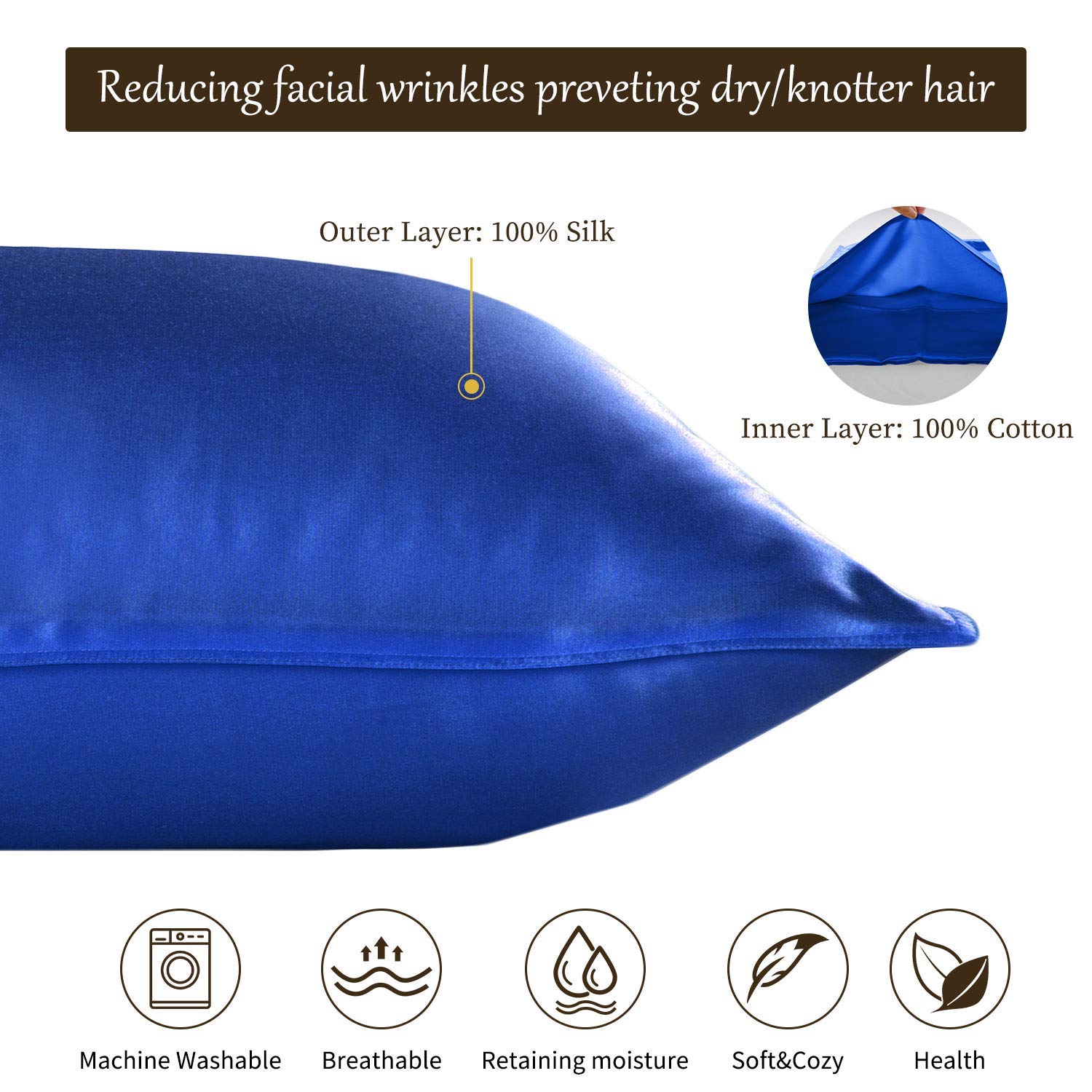 22 Momme Seiden Kissenbezug 2 Stücke Set, 100% Maulbeerseiden Kopfkissenbezug für Haar und Haut mit Umschlagverschluss, Weich und Glatt Seiden Kopfkissenbezug, 50 x 66 cm Blau