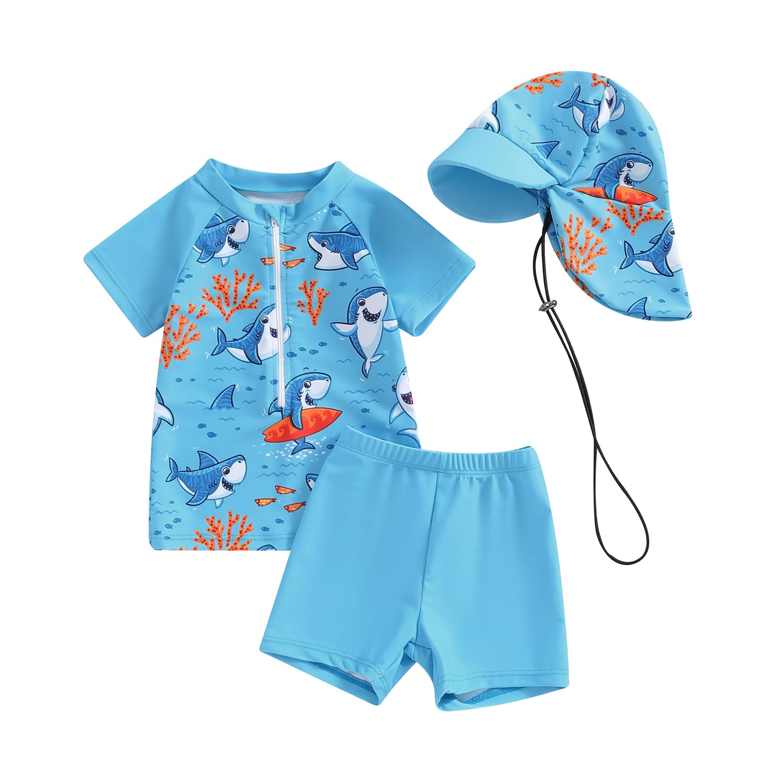 Carolilly Recién nacido Bebé Niño Traje de Baño Anti-UV Camiseta Manga Corta y Bañador con Sombrero Conjunto 3 Piezas Traje de Natación Piscina