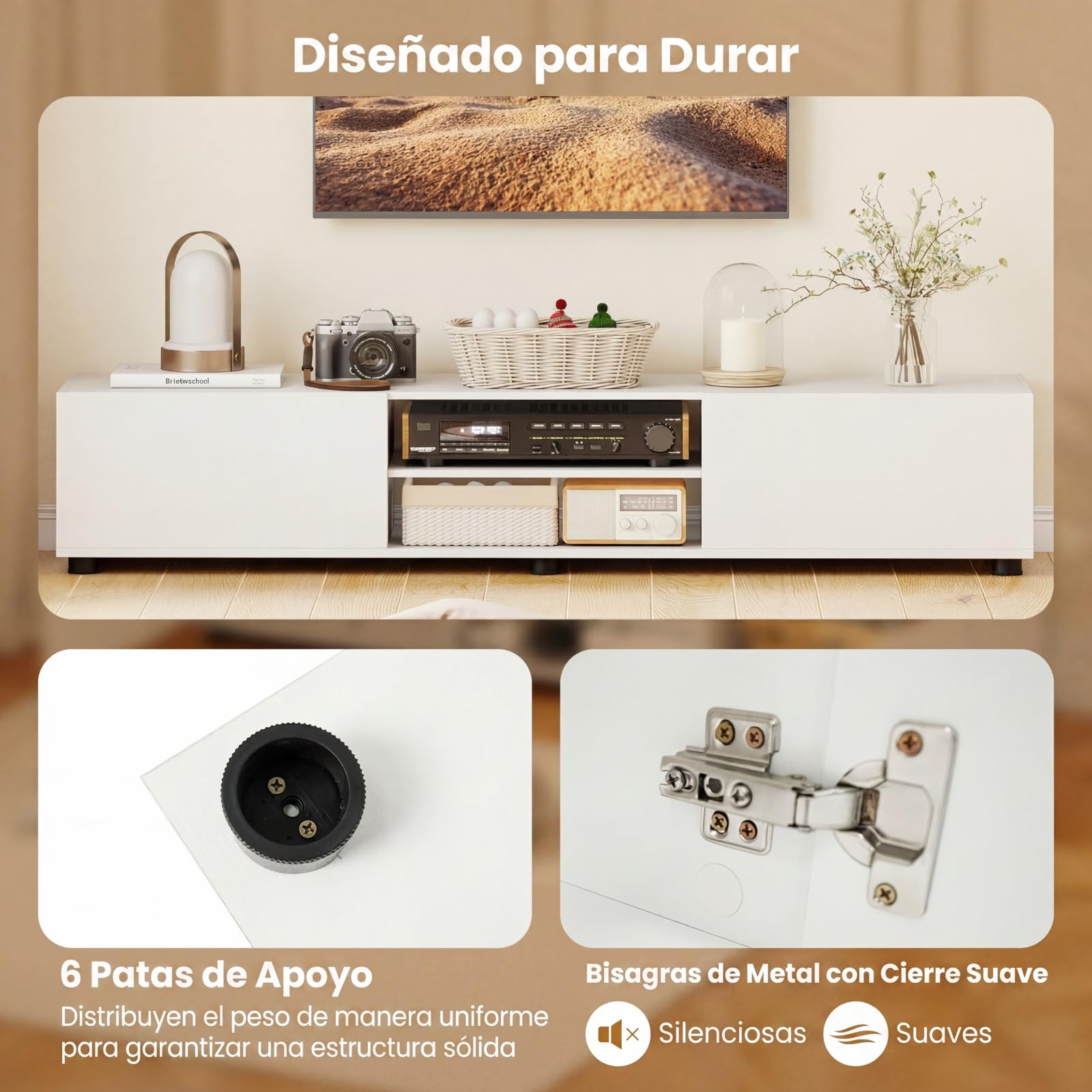 COSTWAY Mueble para TV de hasta 70 Pulgadas, 160x35x30 cm (Blanco) | Mesa de TV con Estantes Abiertos, Compartimentos, Puertas y 6 Patas de Apoyo,Centros Multimedia, Mueble Television para Salón